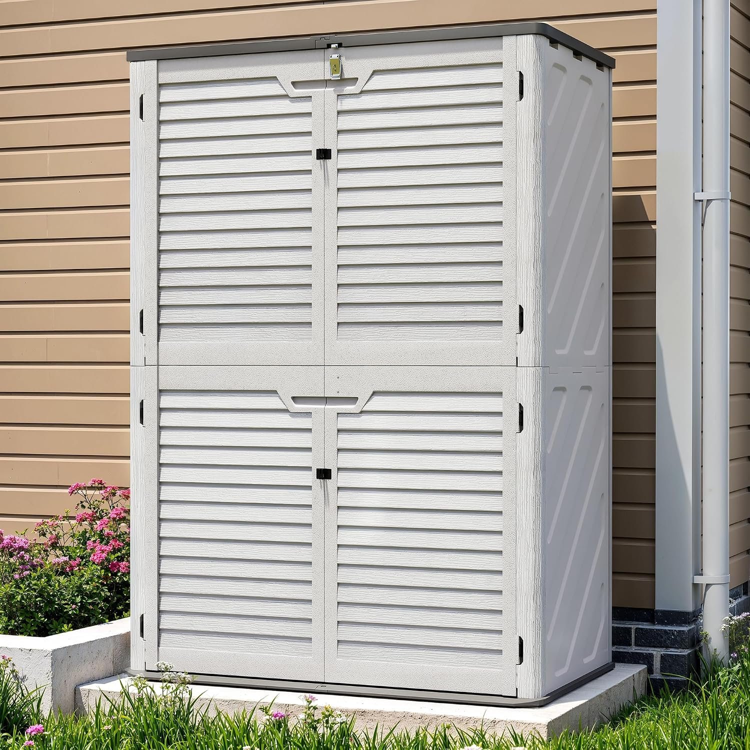 65 Cu.Ft Outdoor Storage Shed, Lockable Outdoor Vertical Resin Storage Cabinet with Floor, All-Weather Waterproof Shed for Garden, Backyard, Pool (65 cu ft)