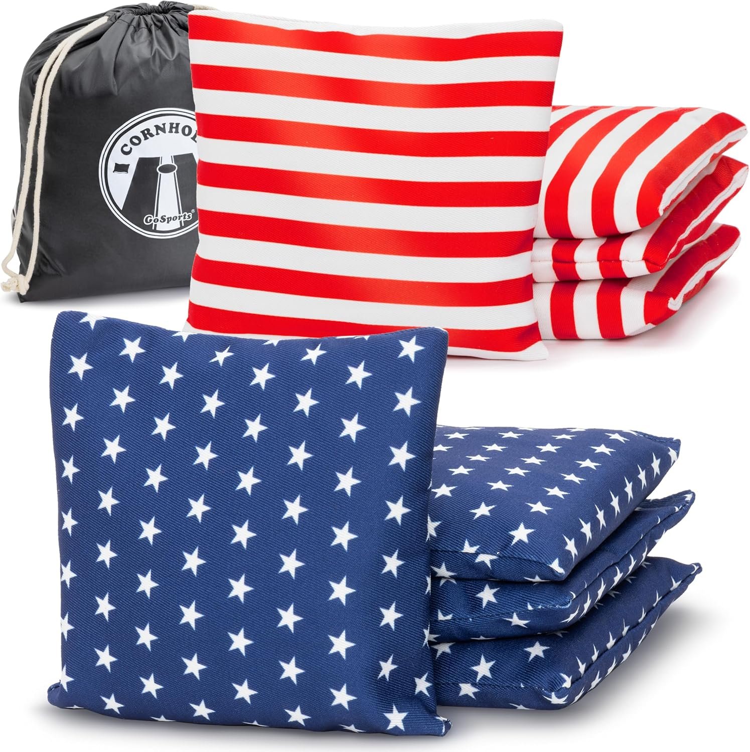 GoSports Official Regulation Cornhole Bean Bags Set of 8 – for Fun Casual Cornhole Games – All Weather – American Stars and Stripes or Red and Blue