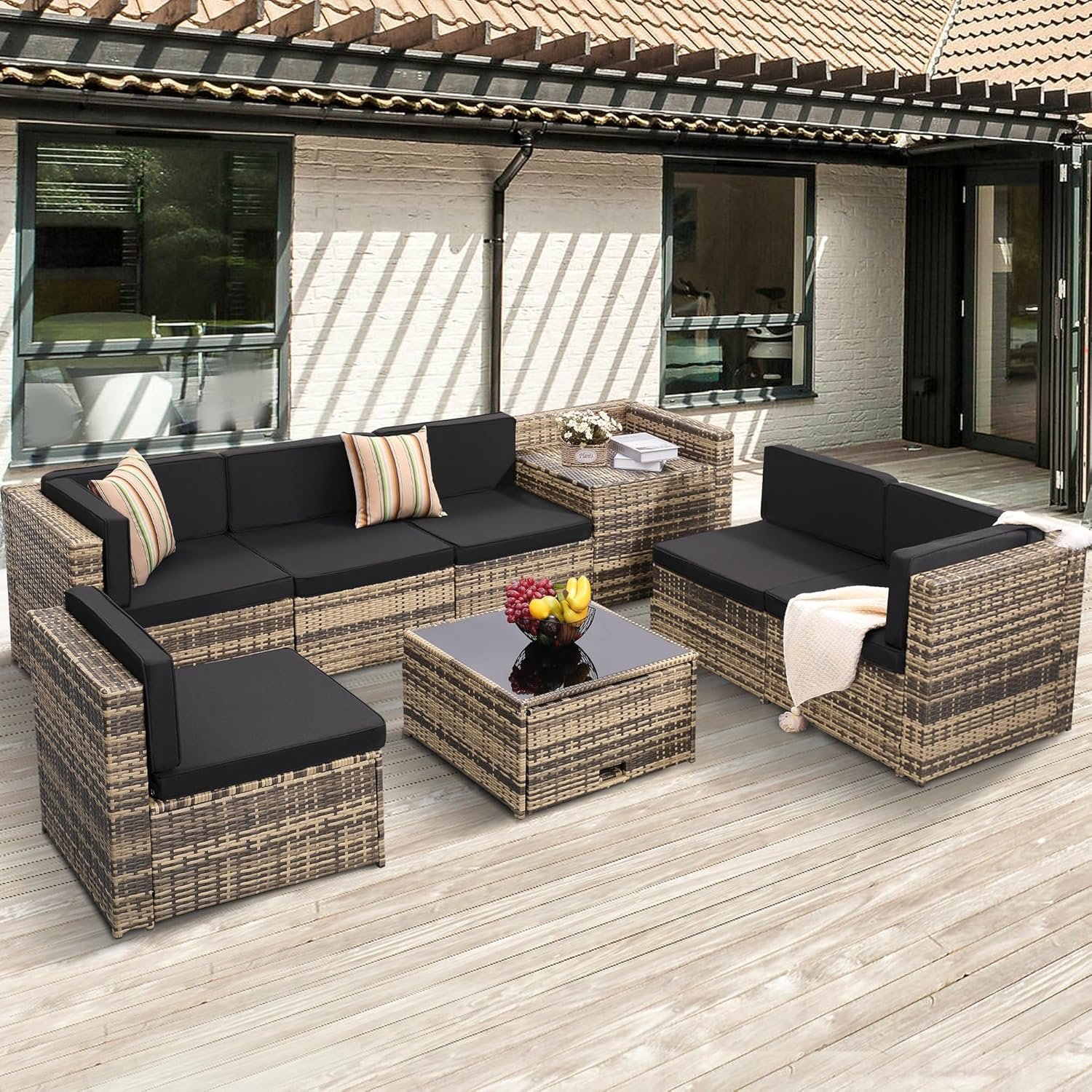 KROFEM 8 Piece Patio Furniture Set, Outdoor Modular Conversation Set | UV Treated Wickers, Machine Washable Cushions, Seats 6, 2 Hidden Storage Compartments, Rustproof Frame, Waterproof, Black