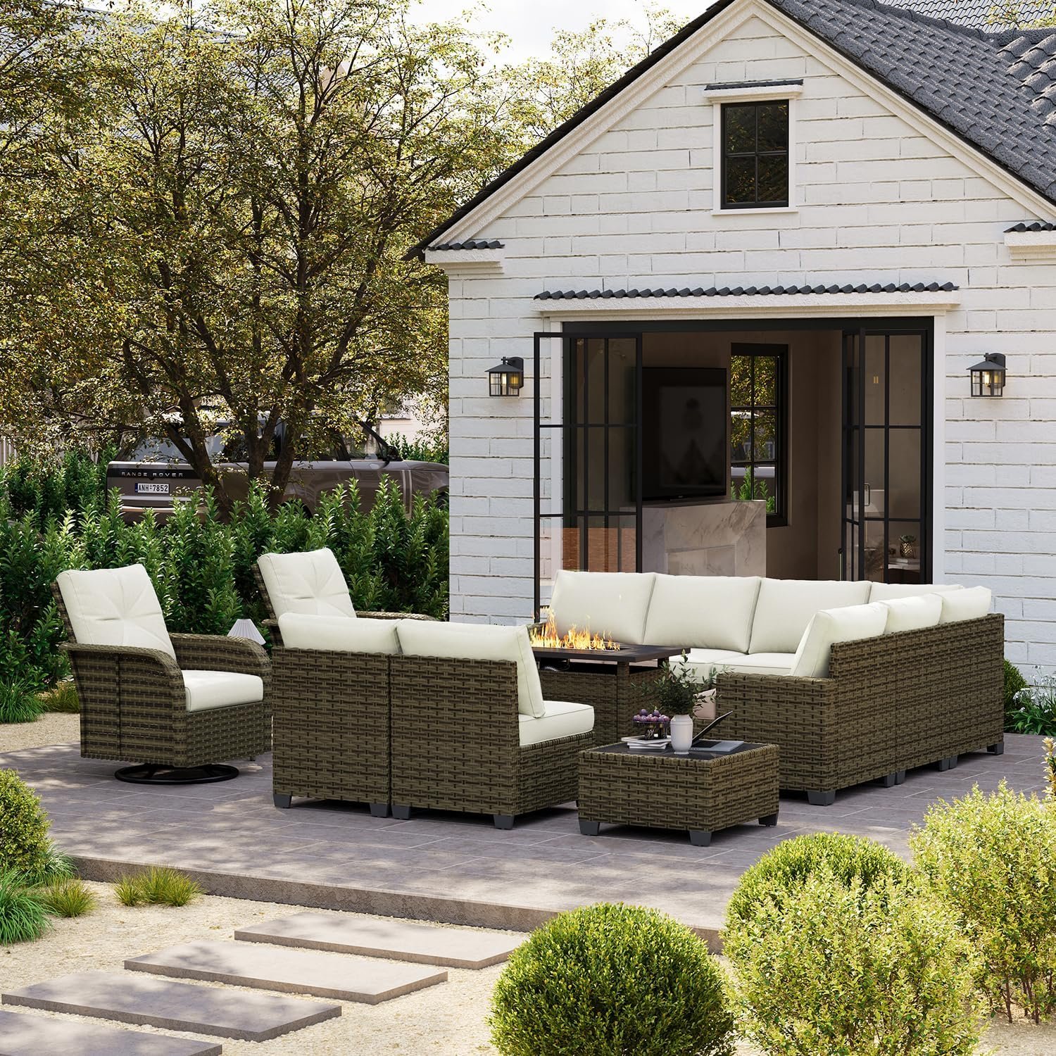 LazySunsets 13 Piece Luxury Patio Furniture Set with Fire Pit Table, All Weather Outdoor Sectional Sofa with Thick Cushions, 2 Pcs Swivel Rocker Chairs, Beige