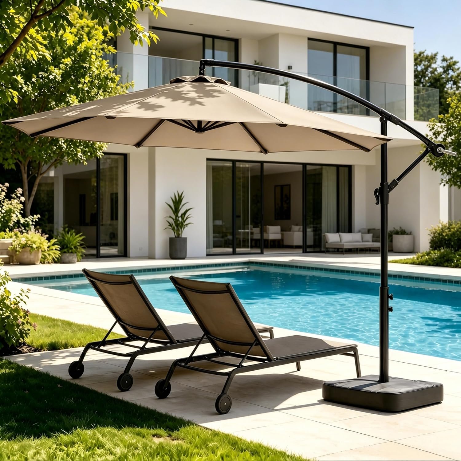 OLILAWN 10FT Cantilever Offset Patio Umbrella with Base Included, Outdoor Patio Umbrella with 360° Rotation & Infinite Tilt, Yarn-Dyed Fade-Resistant Canopy, Heavy Duty 8-Rib Steel Frame for Patio, Pool, Deck, Backyard, Cream