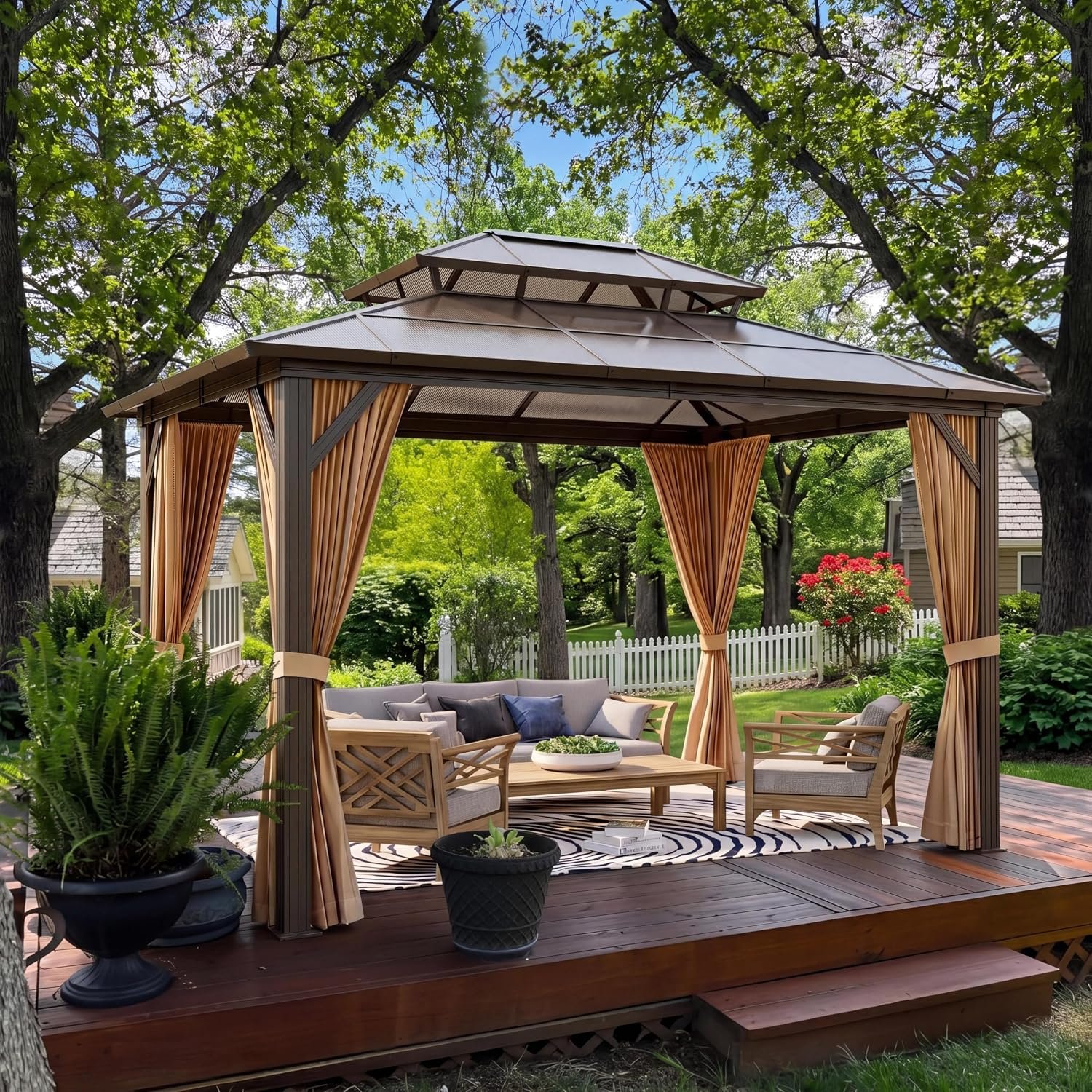GAOMON 10x12ft Gazebo, Hardtop Outdoor Canopy Aluminum Frame Permanent Gazebo with Netting and Curtains, Polycarbonate Garden Tent for Patio, Lawn, Backyard, Deck (10’x12′)