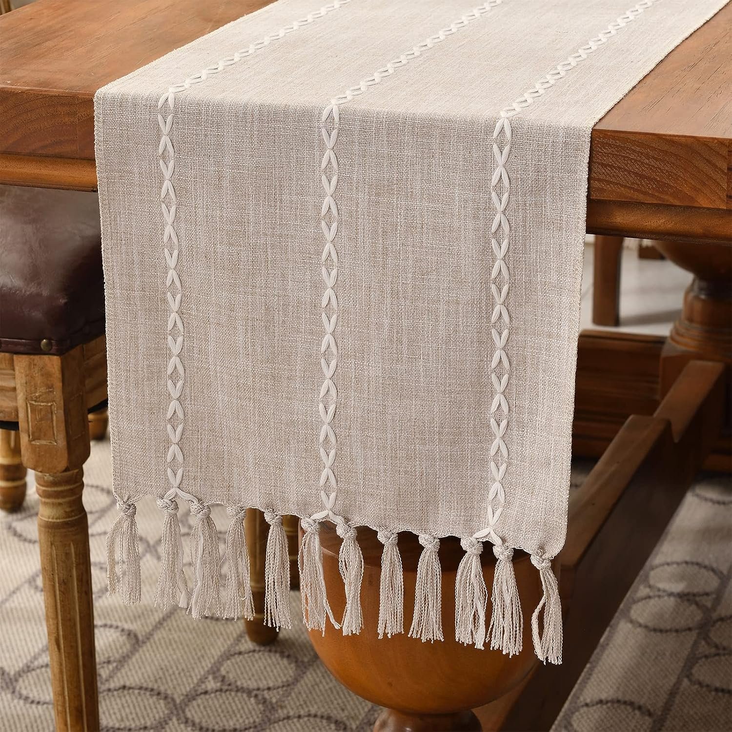Wracra Rustic Linen Table Runner, Light Coffee Table Runners 72 inches Long | Raised Embroidered Design and Hand-Tassels;Cotton Linen Woven Fabric; Farmhouse Table Runner;Home Kitchen Dining Decor