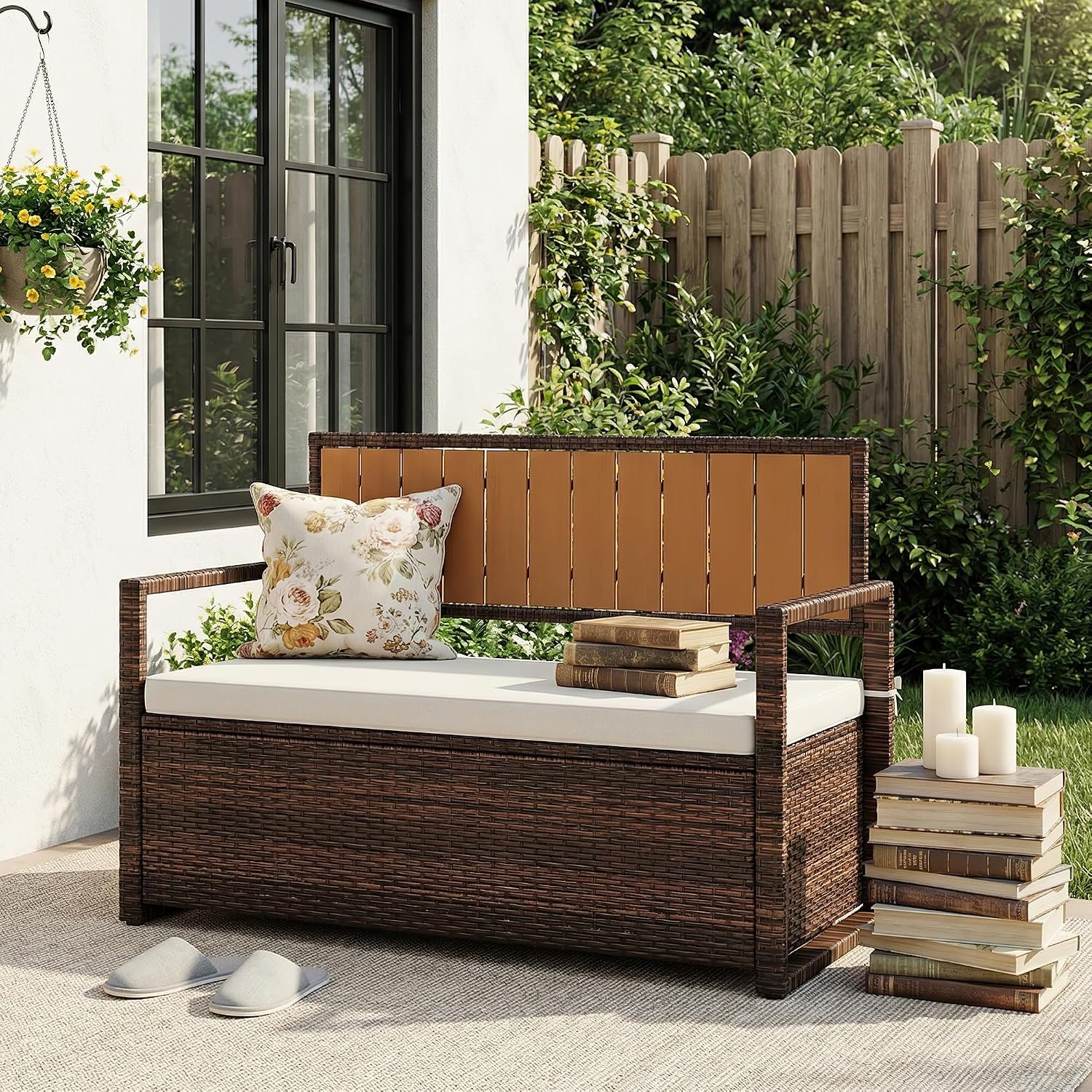 75 Gallon Outdoor Storage Bench, All-Weather PE Rattan Deck Box with Seat, Wicker Patio Furniture for Cushions, Garden Tools, Pool Accessories, Water-Resistant and Durable (Brown White)