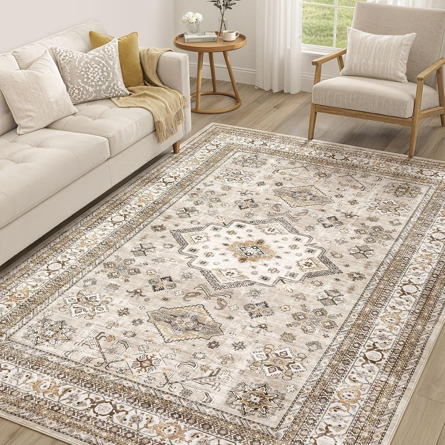 cotiled 5×7 Area Rug for Living Room, Washable, Traditional, Beige | Soft Distressed Oriental Design with Vintage Charm for Bedroom, Dining Room, and Home Office