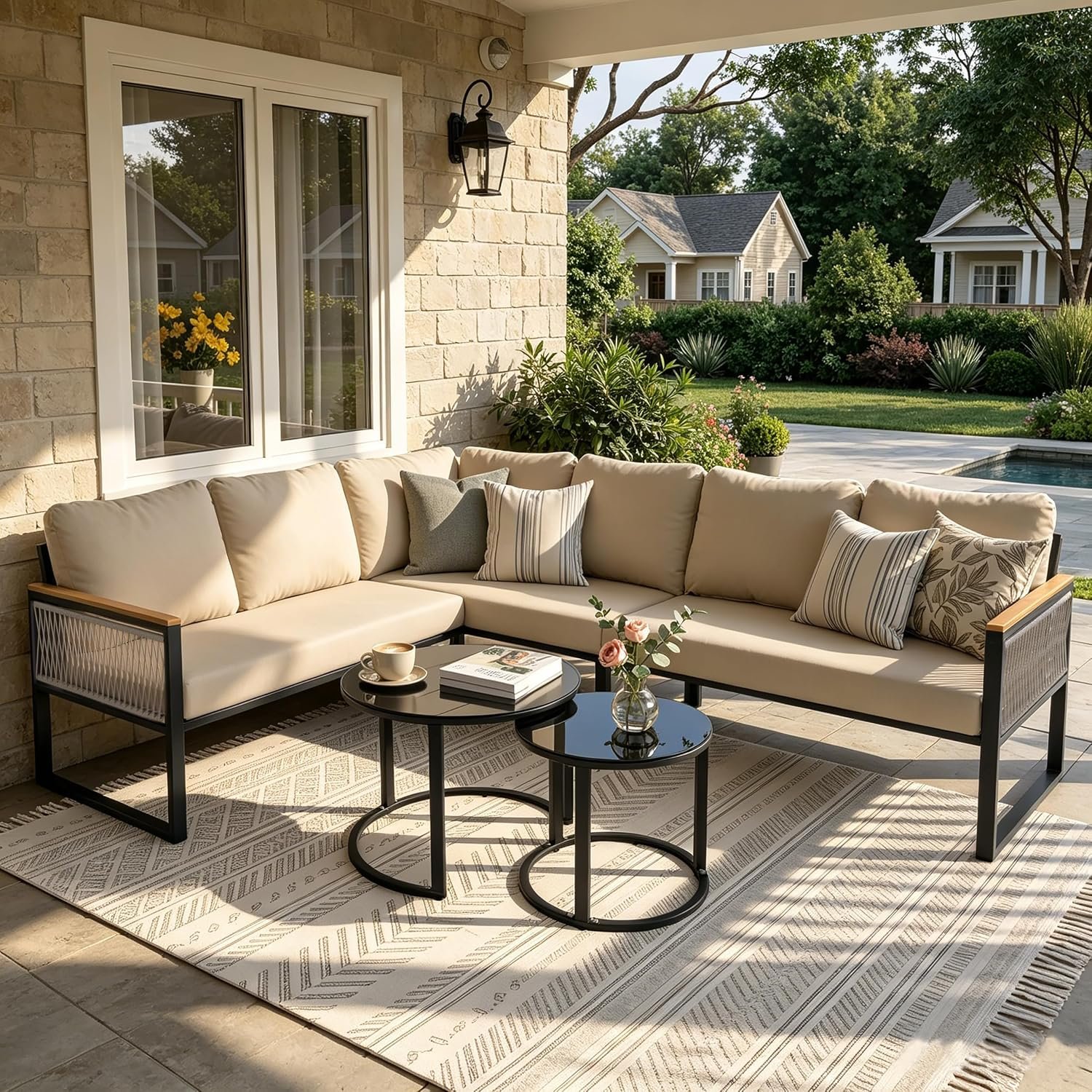 7-Piece L-Shaped Patio Conversation Sets, Hand-Woven Wicker Outdoor Sectional Sofa with Glass Nesting Coffee Table, Weather-Resistant Frame, Removable Cushion for Deck, Porch, Backyard (Beige)