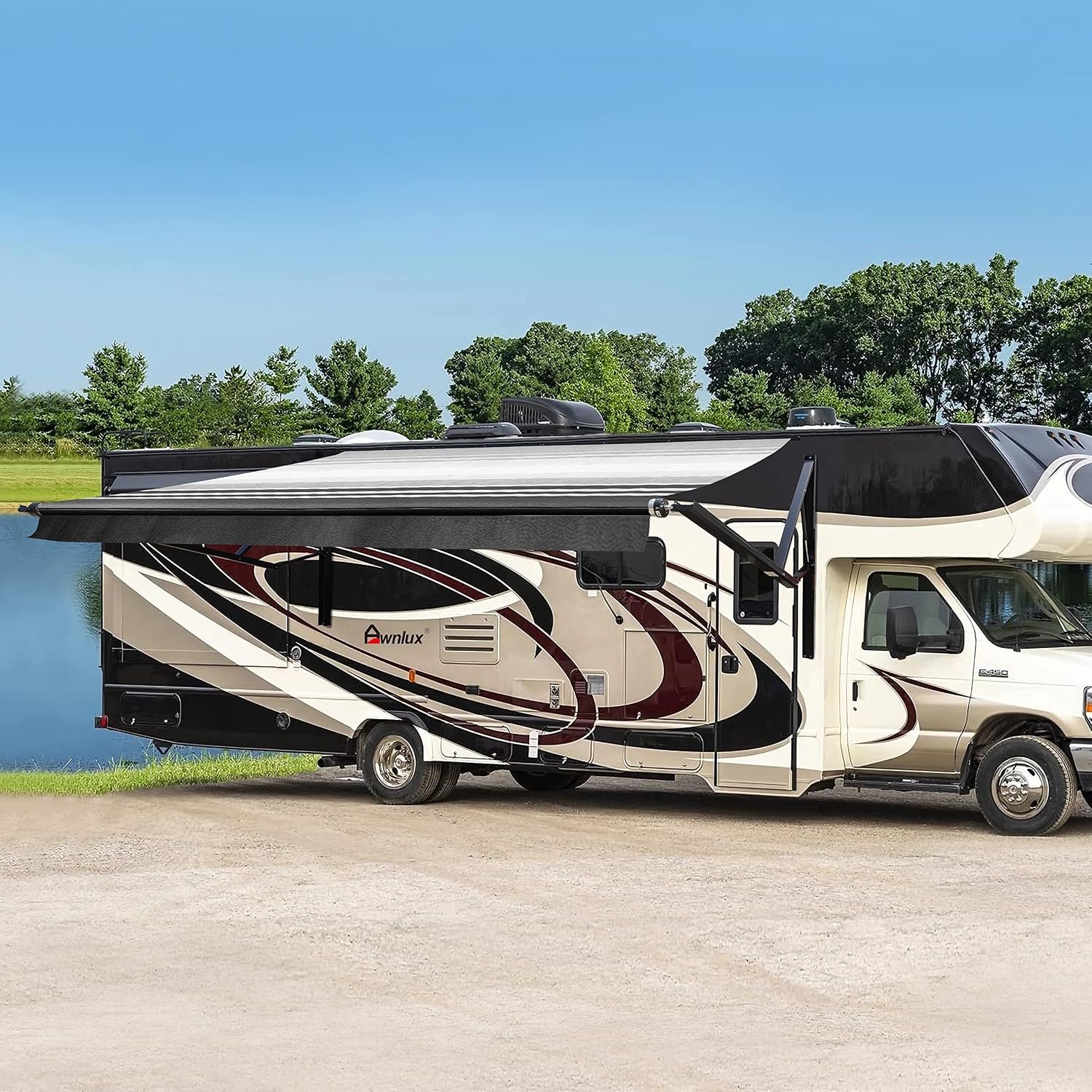 Awnlux Black Motorized Modular Retractable RV Awning Full Set Assemblies for RV, 5th Wheel, Travel Trailers, Toy Haulers, and Motorhome – RV Trailer Awning for Home or Camper – 10×8 Ft – Black Strip