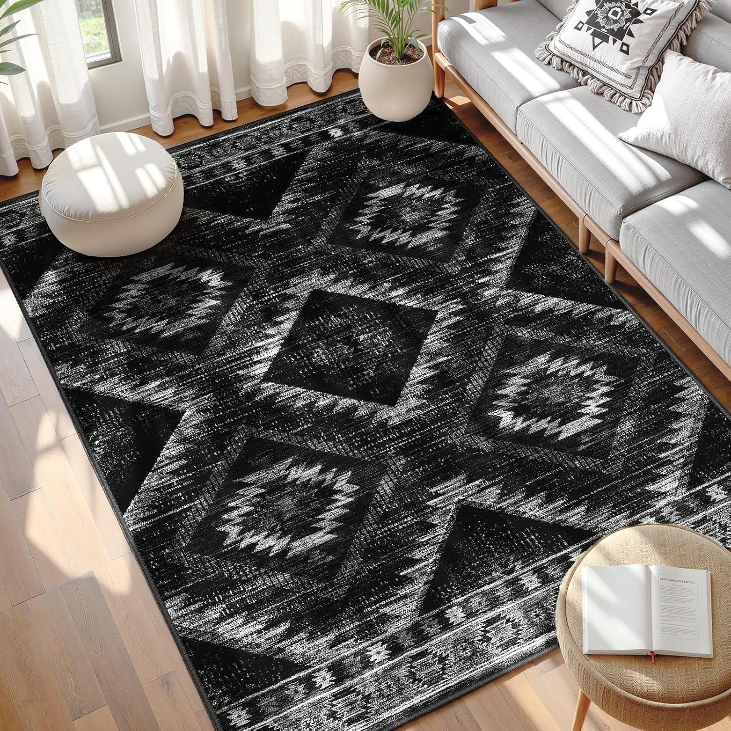 BESTSWEETIE 5’x7’Washable Area Rug for Living Room Bedroom Black | Soft Western No Slip Low Pile Print Foldable Indoor for Kitchen Dining Room