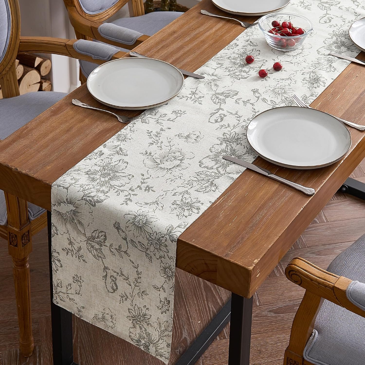 jinchan Grey Floral Linen Table Runner 13 x 108 Inch Farmhouse | Understated floral texture adds refined charm to large tables, buffets and special events.