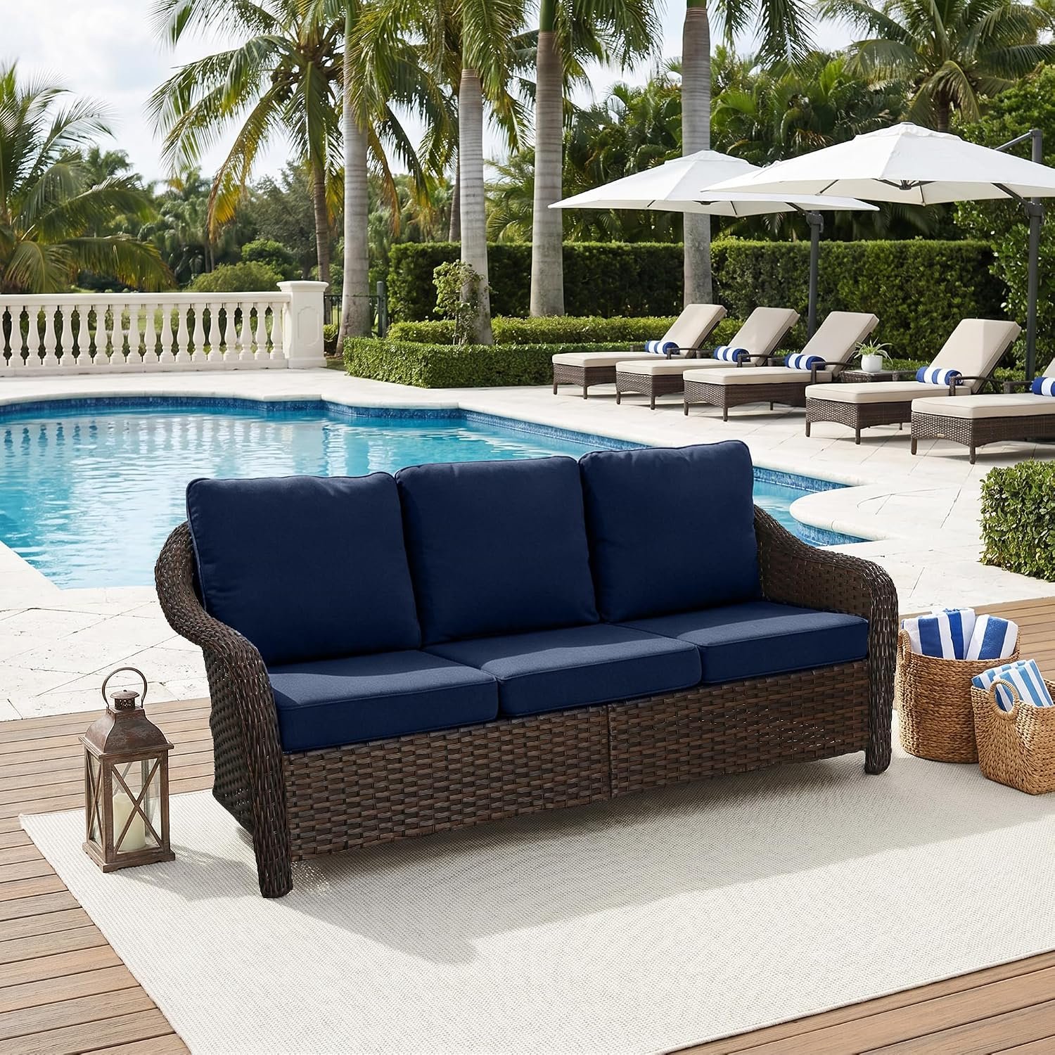 77 inch Outdoor Wicker 3 Seater Sofa, All-Weather Use Patio Rattan Sofa with Seat and Back Cushion, Ideal for Porch, Backyard, Balcony, Poolside, Blue