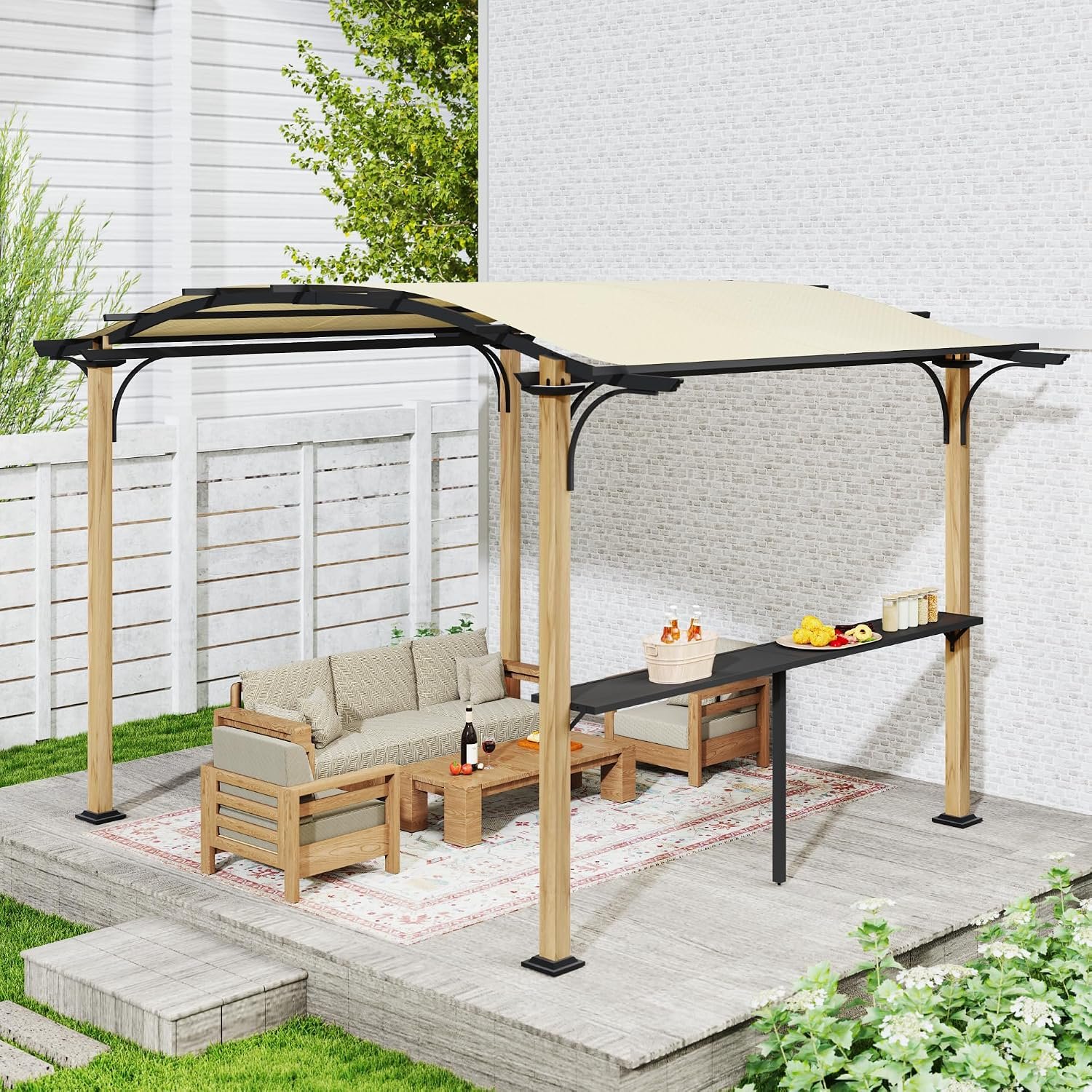 10′ x 13′ Arched Top Outdoor Pergola, Aluminum Frame Gazebo with Storage Shelf, Wood-Like Frame Patio Pergola Shade for Patio, Backyard, Garden, Poolside, Beige