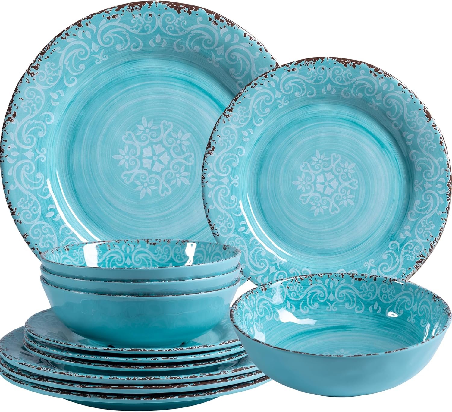 12-Piece Farmhouse Dinnerware Set, set of 4, 100% Melamine Dishes Serving Set with Plates and Bowls, Non-breakable and Lightweight Dinner Set for indoor and outdoor entertaining, Light Teal