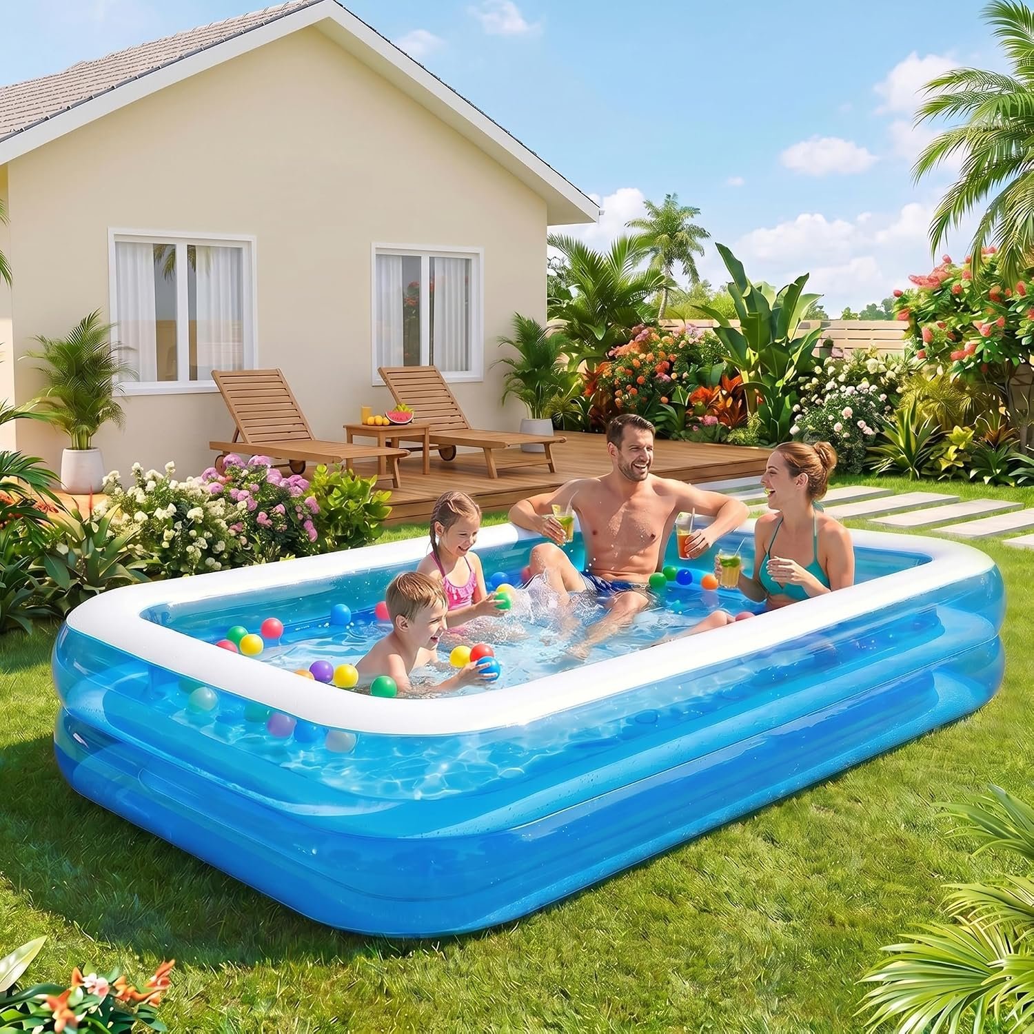 Full-Sized Inflatable Swimming Pool, Extra Large Blow Up Pool, Heavy Duty Above Ground Pool with Drain Valve, Leakproof Family Swim Pool for Backyard Patio Garden Outdoor Party (103”x69”x20”)