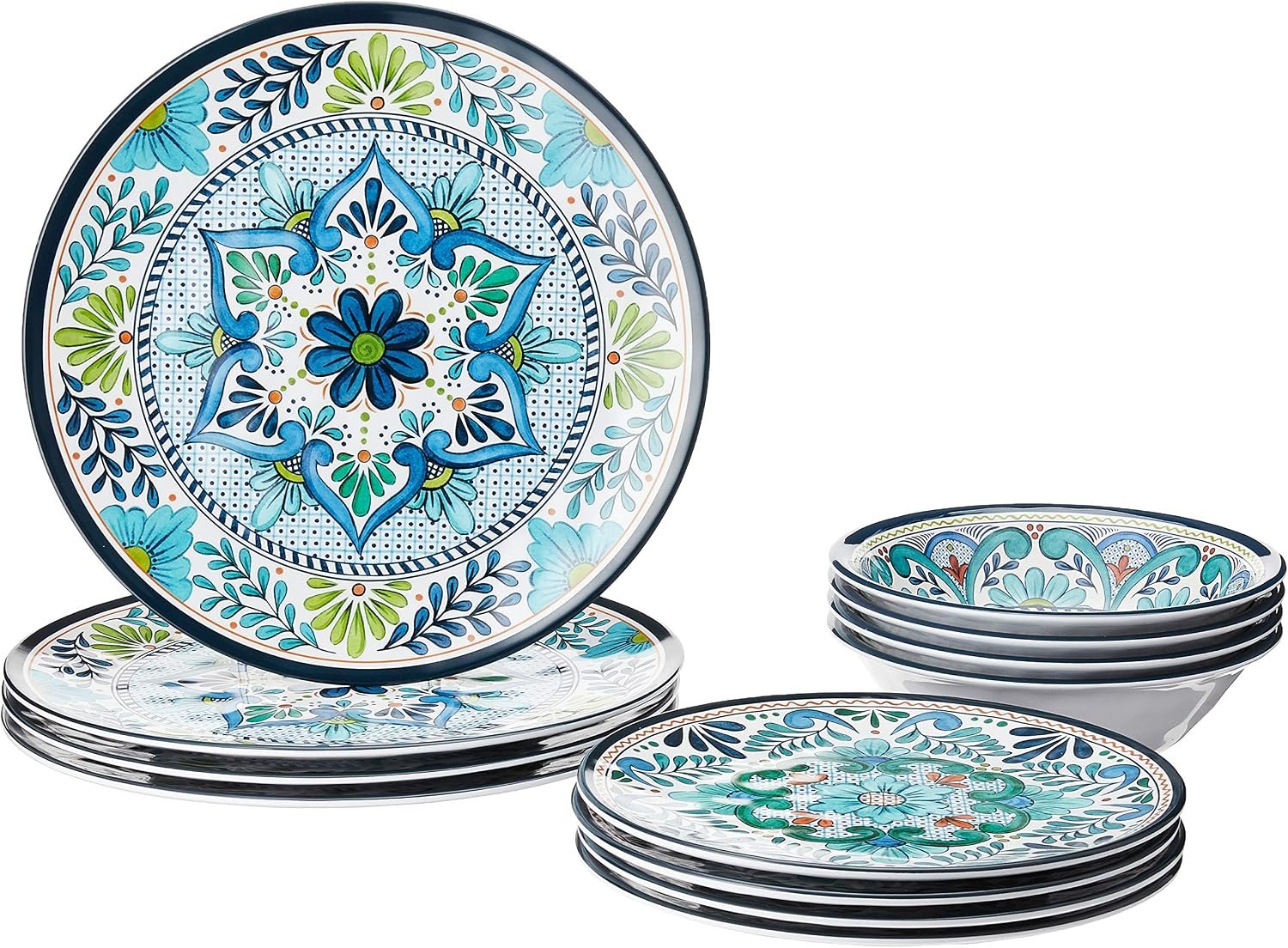 Talavera Melamine 12-Piece Dinnerware Set – Multicolored Plates and Bowls for 4, Spanish Tile-Inspired, Durable, Lightweight, Shatterproof, Dishwasher Safe, Indoor Outdoor Tableware