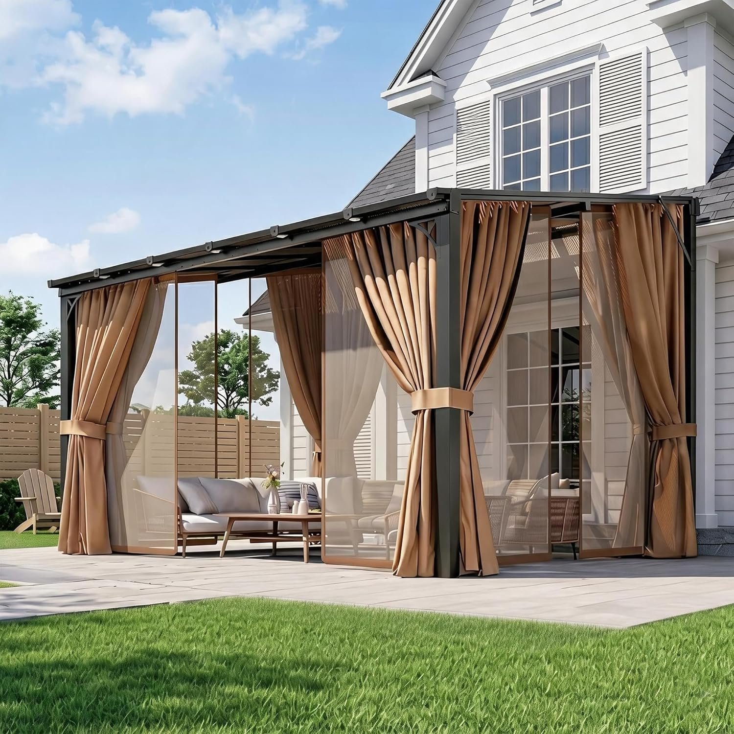 Aoxun 10’x12′ Lean to Gazebo with Mosquito Net and Curtains, Aluminum Frame, Polycarbonate Panel, Wall Mounted Pergola with Sloped Roof for Backyard, Porch, Deck, Brown