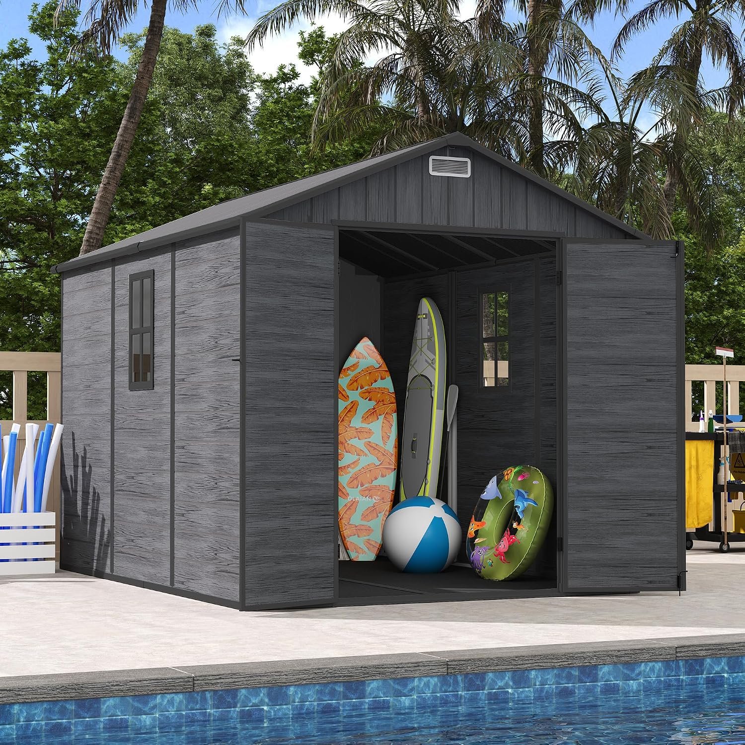 UDPATIO Outdoor Resin Storage Shed 8 x 10 FT, Plastic Storage Shed with Floor Large Outdoors Garden Tool Storage Shed Outside Clearance Shed with Lockable Door for Bike, Backyard, Patio, Dark Grey