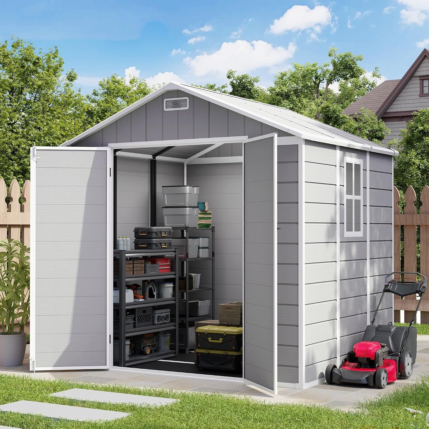 Amopatio 8×6 FT Storage Shed, Resin Outdoor Shed with Floor Included, Plastic Sheds for Bike, Garden Tools, Sheds & Outdoor Storage with Lockable Door, Window & Vents, Grey & White