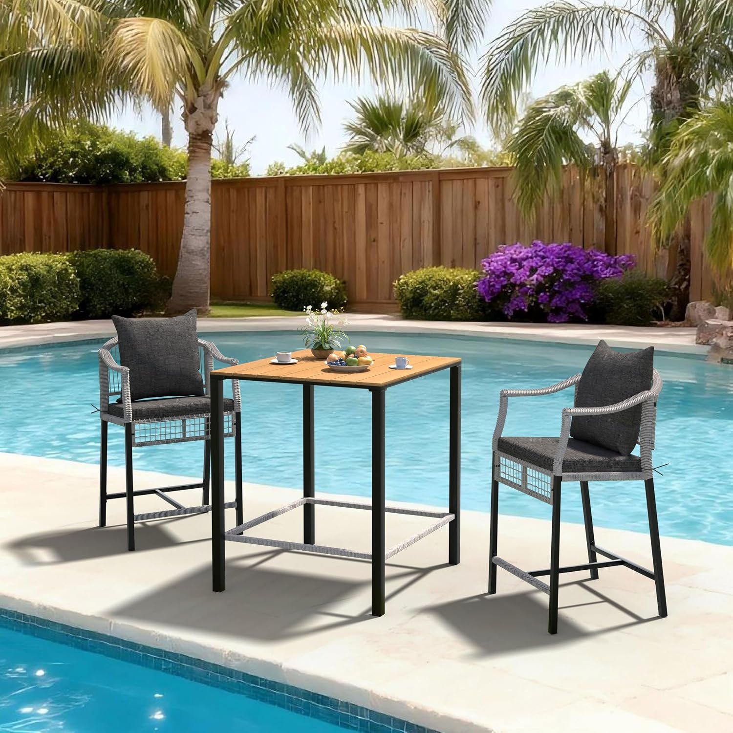 BlueWish 3 Piece Patio Bar Set, Outdoor Balcony Height Patio Dining Set, 1 Wood Plastic Composite Tabletop Table & 2 Rattan Bar Stools with Cushions, All Weather Bar Set for Garden, Poolside, Porch