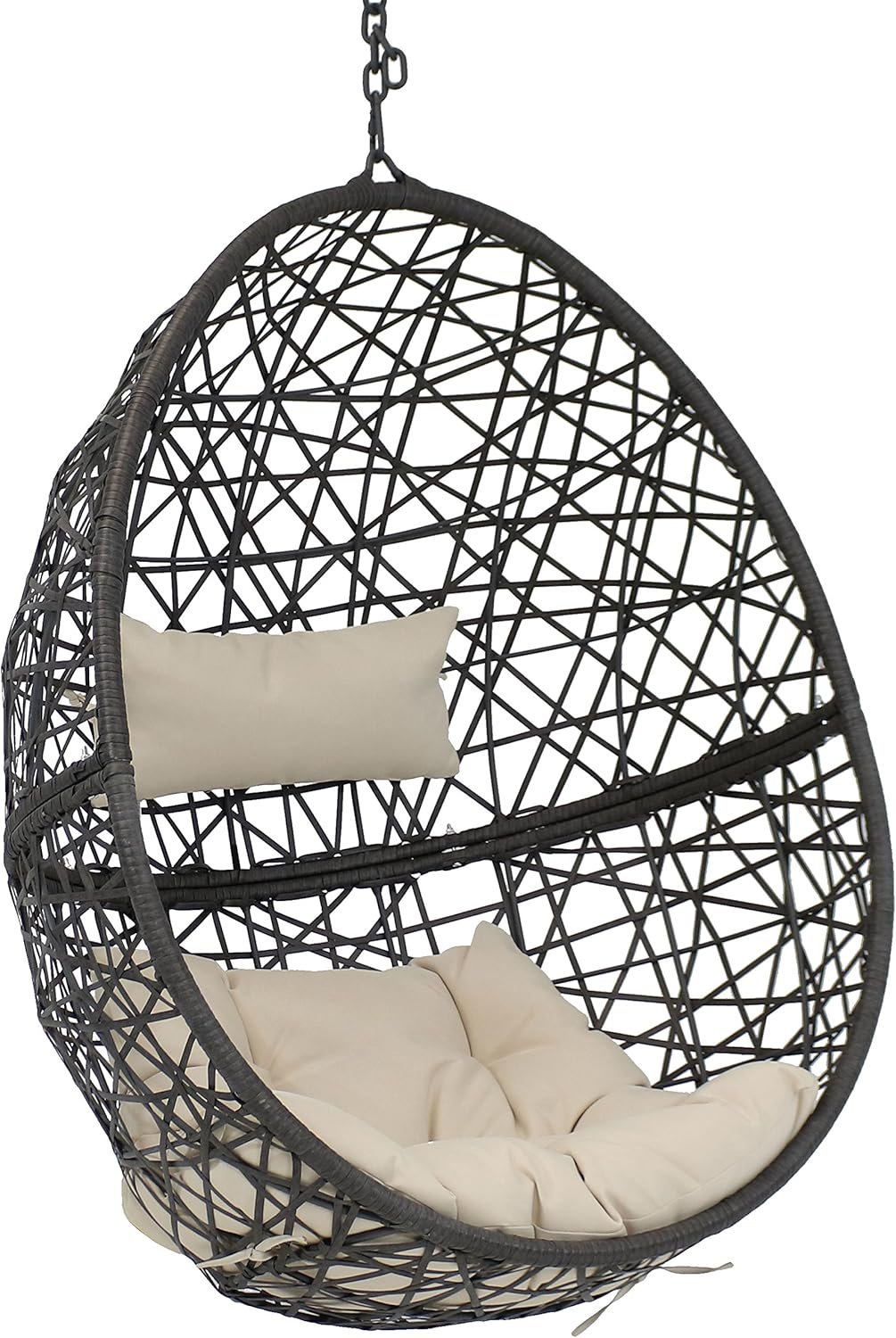 Sunnydaze Caroline Hanging Resin Wicker Egg Chair – 265-Pound Weight Capacity – Removable Beige Polyester Cushions