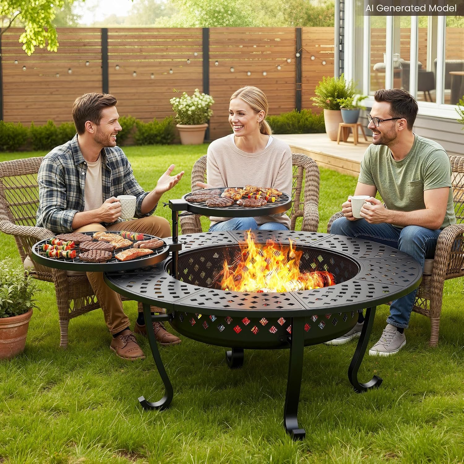 Wisteria Lane 3 in 1 43″ Extra Large Fire Pit for Outside Wood Burning with 2 Adjustable Grills, Outdoor Fireplace with Lid and Fire Poker, BBQ & Bonfire & Round Metal Table for Patio, Backyard