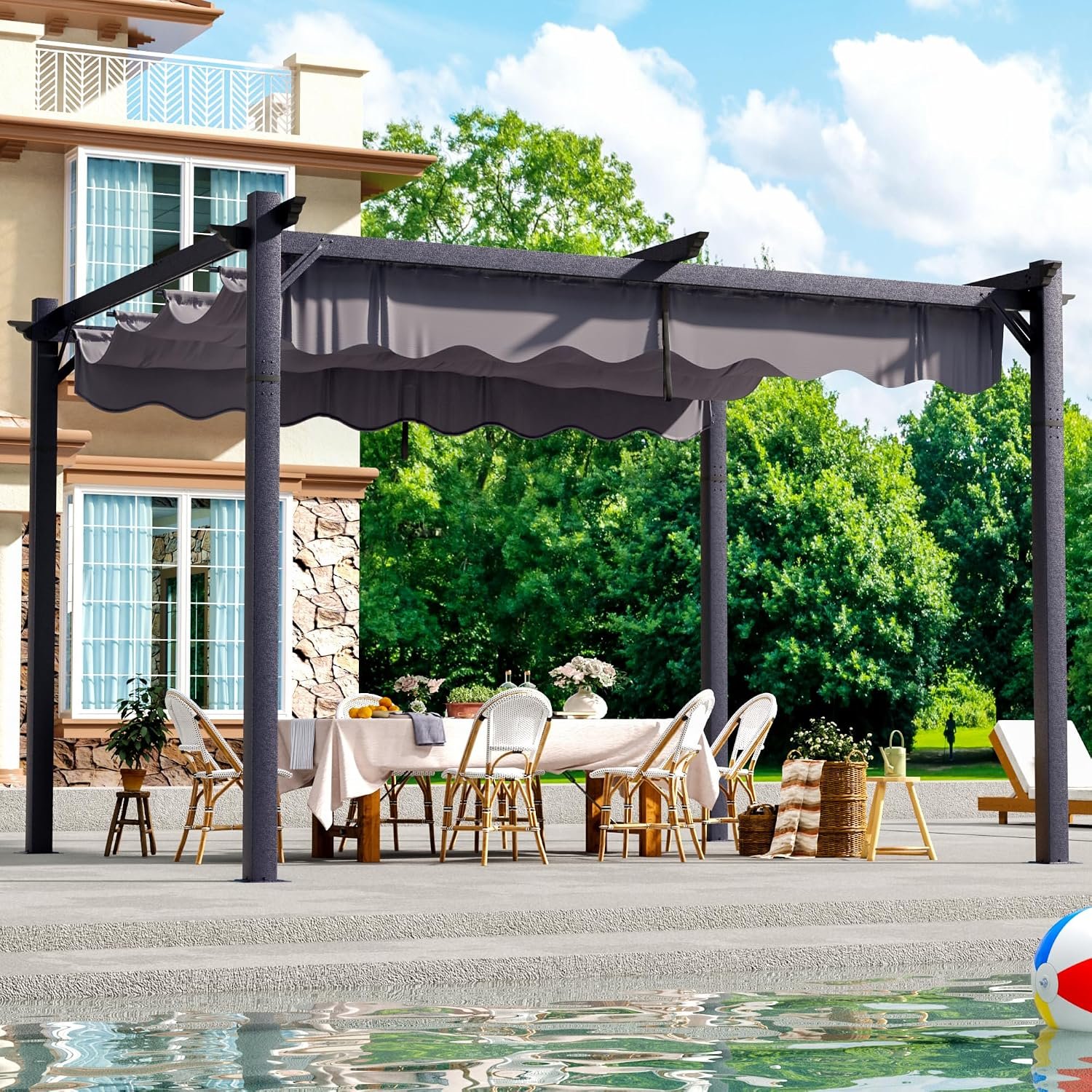 10’x12′ Outdoor Pergola with Retractable Canopy | Patio Metal Heavy-Duty Gazebo Shelter for Backyard, Deck, Garden