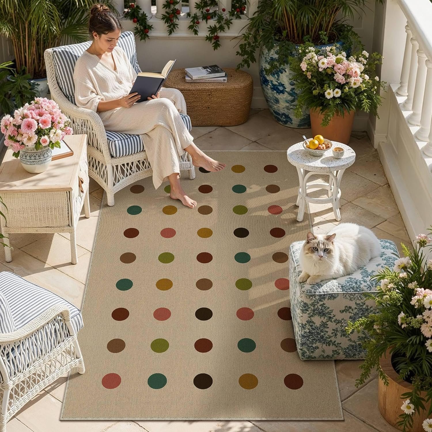 HUGEAR 3×5 Jute Outdoor Indoor Rug Washable Geometric Linen Textured Weave High Traffic Stain Resistant Non Slip Durable Carpet for Patio Deck Balcony Courtyard (Rainbow, 3′ x 5′)