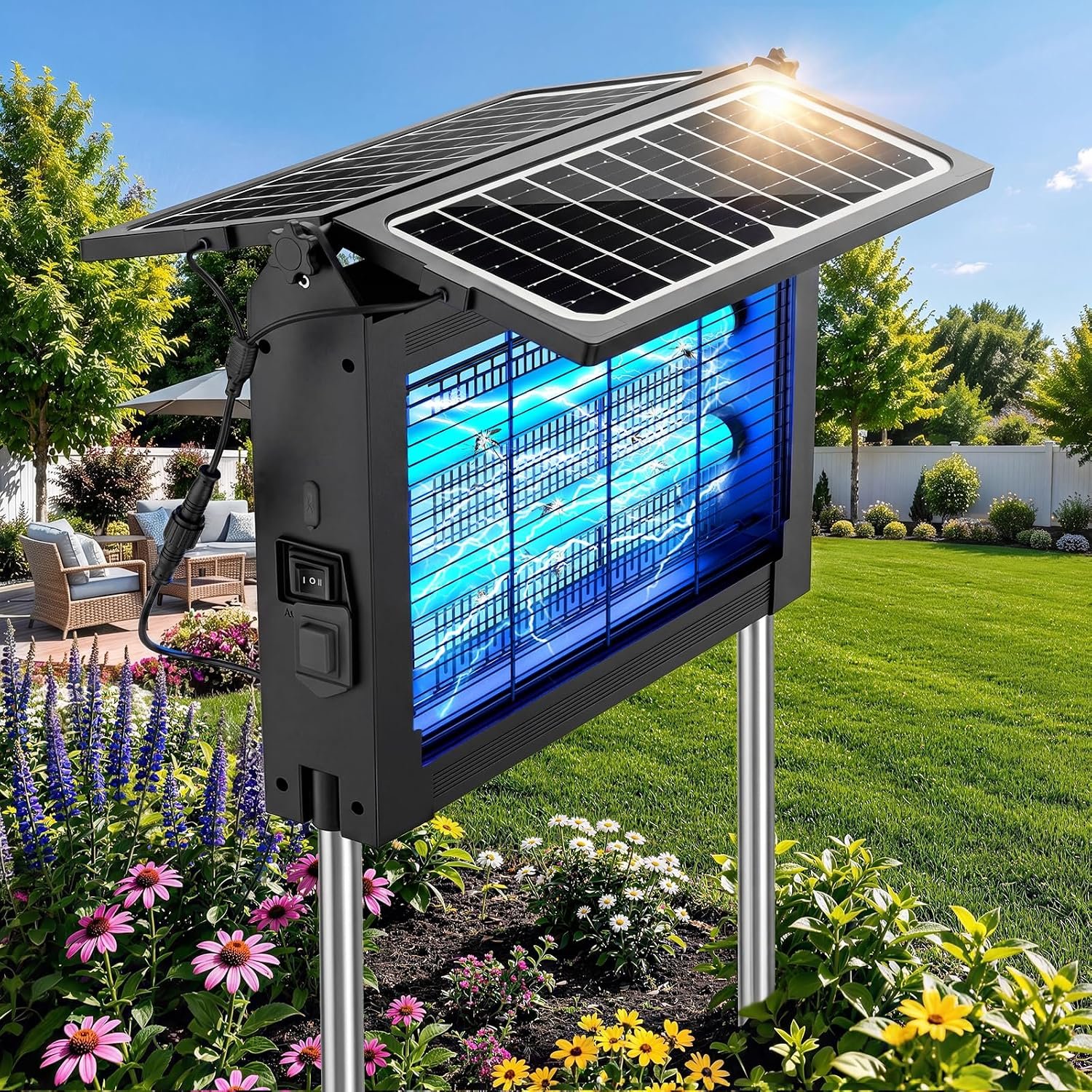Upgraded Solar Bug Zapper Outdoor with Dual Panels, 4500V Cordless Rechargeable Fly Insect Killer Waterproof Electric Mosquitoes Zapper for Patio Garden Backyard RV Camping Pond