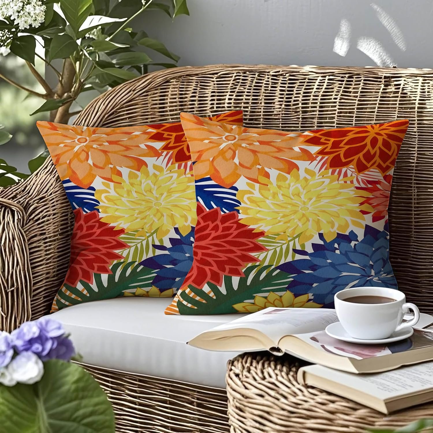 mellicoma Waterproof Outdoor Pillow Covers 18×18 Pack of 2 Vibrant Floral Collage Throw Outdoor Pillows for Garden Funiture Patio Home