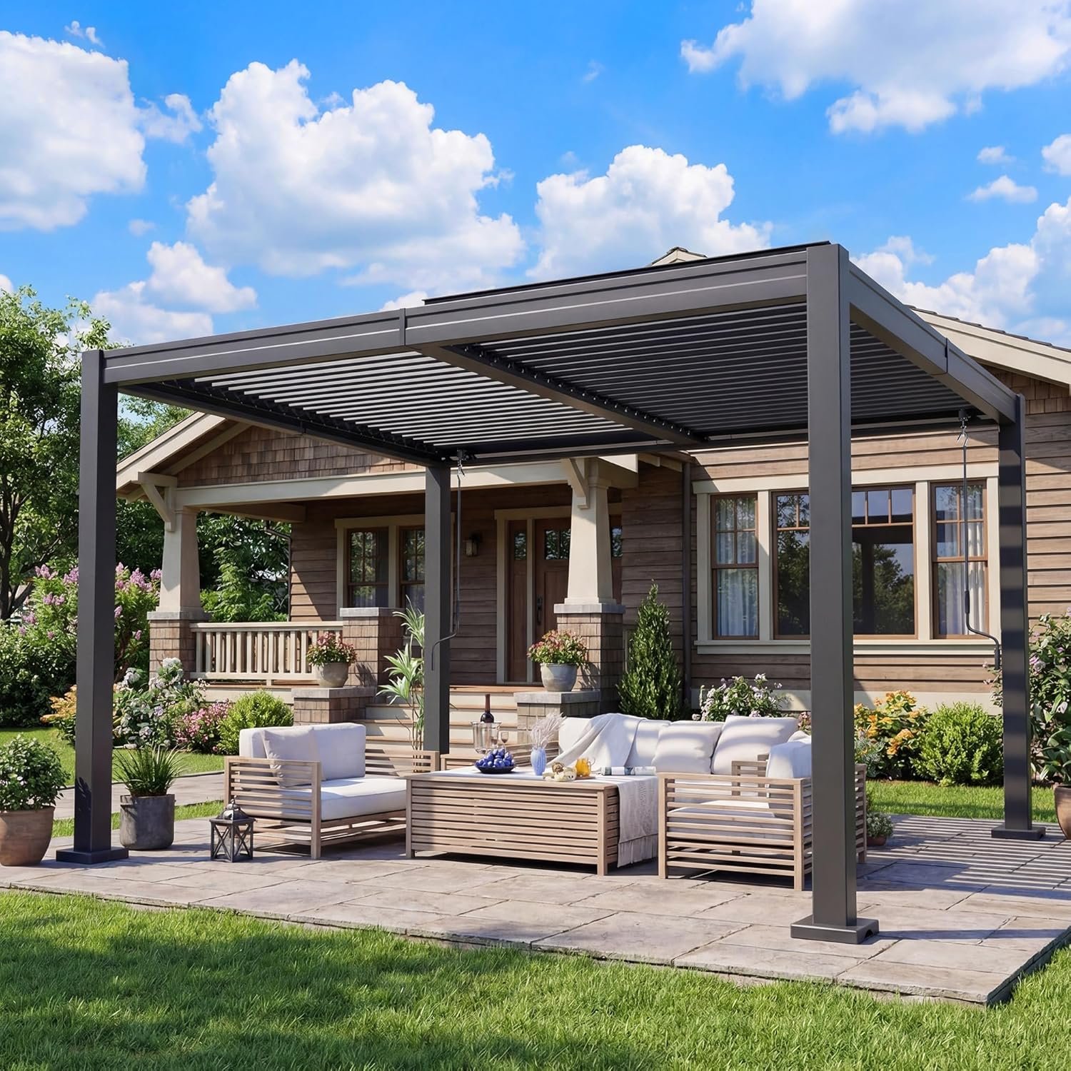 10×12 FT Outdoor Louvered Pergola Dark Grey | Hardtop Gazebo with 2 Independent Adjustable Roofs and Drainage System, Metal Patio Pavilion for Deck, Garden