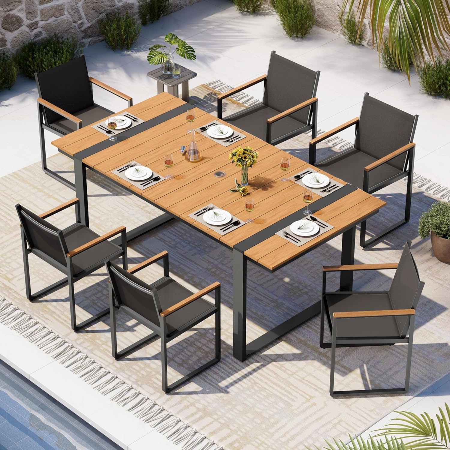 Outdoor Dining Set, Patio Table and Chairs Set, 7 Piece HDPS + Aluminum Patio Furniture Set with Umbrella Hole, Patio Dining Table Set (Gray-Teak)