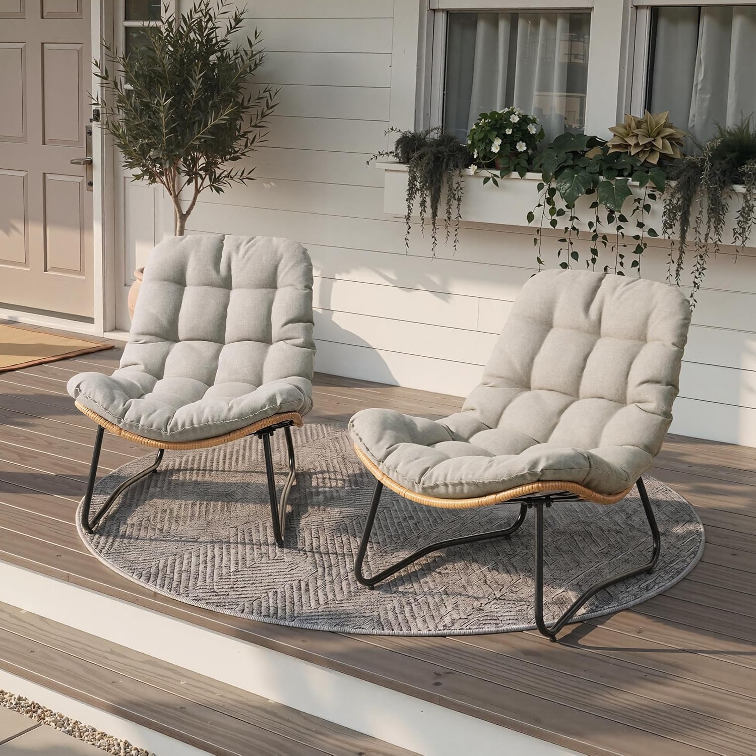 Outdoor Loveseat with Soft Cushion, 1 Seater Boho Patio Couch (2PCS Beige) | All-Weather Rattan Outdoor Furniture for Balcony, Poolside, Backyard, Porch