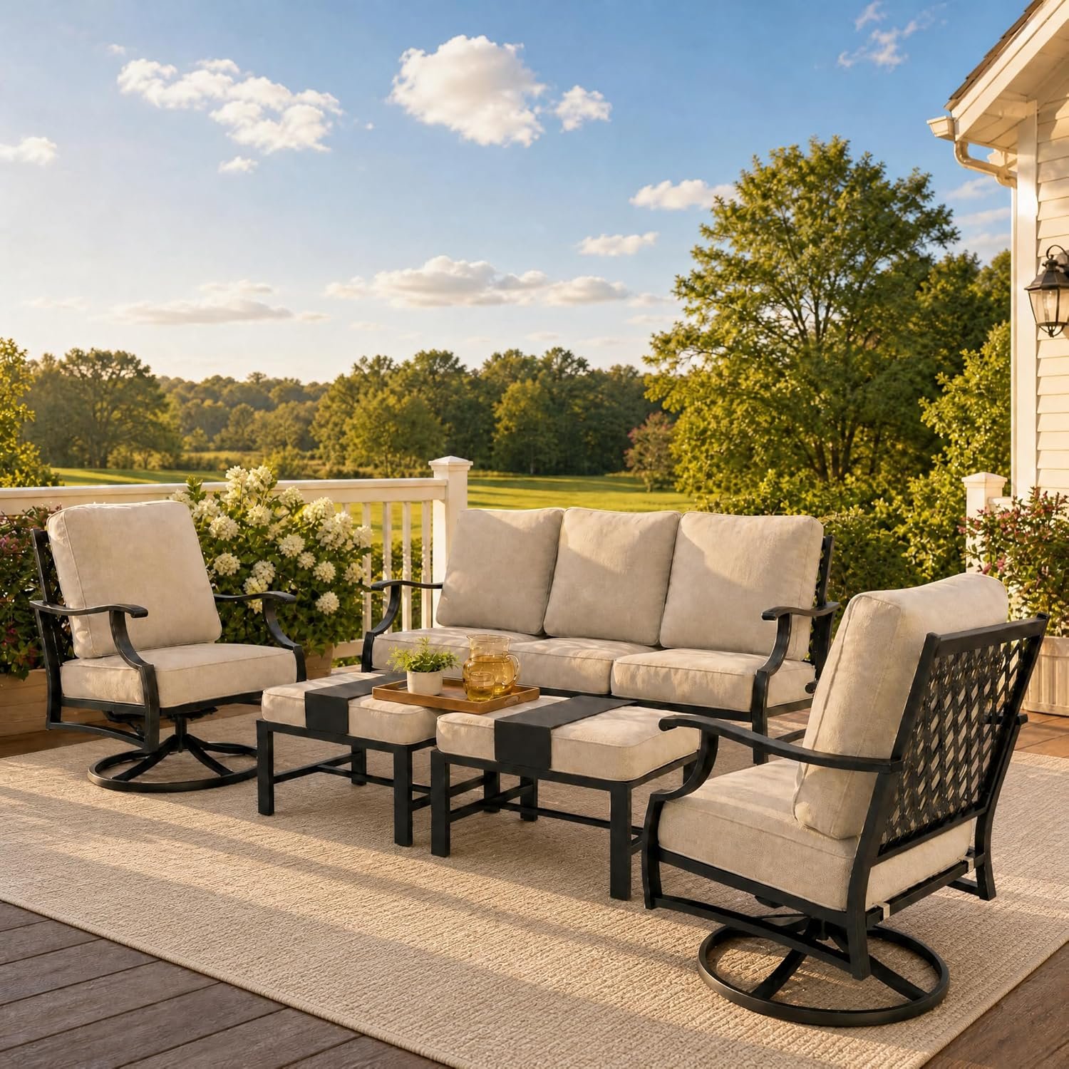 SUNSHINE VALLEY Patio Furniture Set, Modern Metal Outdoor Patio Furniture, 3 Seater Sofa, 2 Swivel Chairs, 2 Ottomans and 5.75″ Extra Thick Cushion, Patio Conversation Set for Garden Backyard Deck