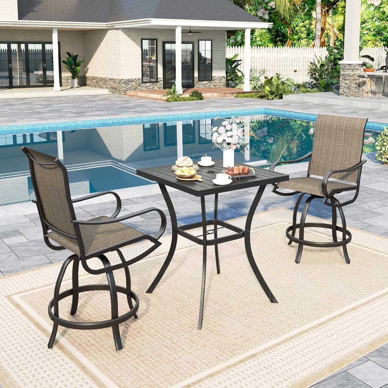 Sophia & William 3-Piece Counter Height Patio Table and Chairs | 2 x Breathable Textilene Outdoor Swivel Bar Stools, 1 x Square Metal High Top Table with Umbrella Hole, 31”L x 31”W x 36”H
