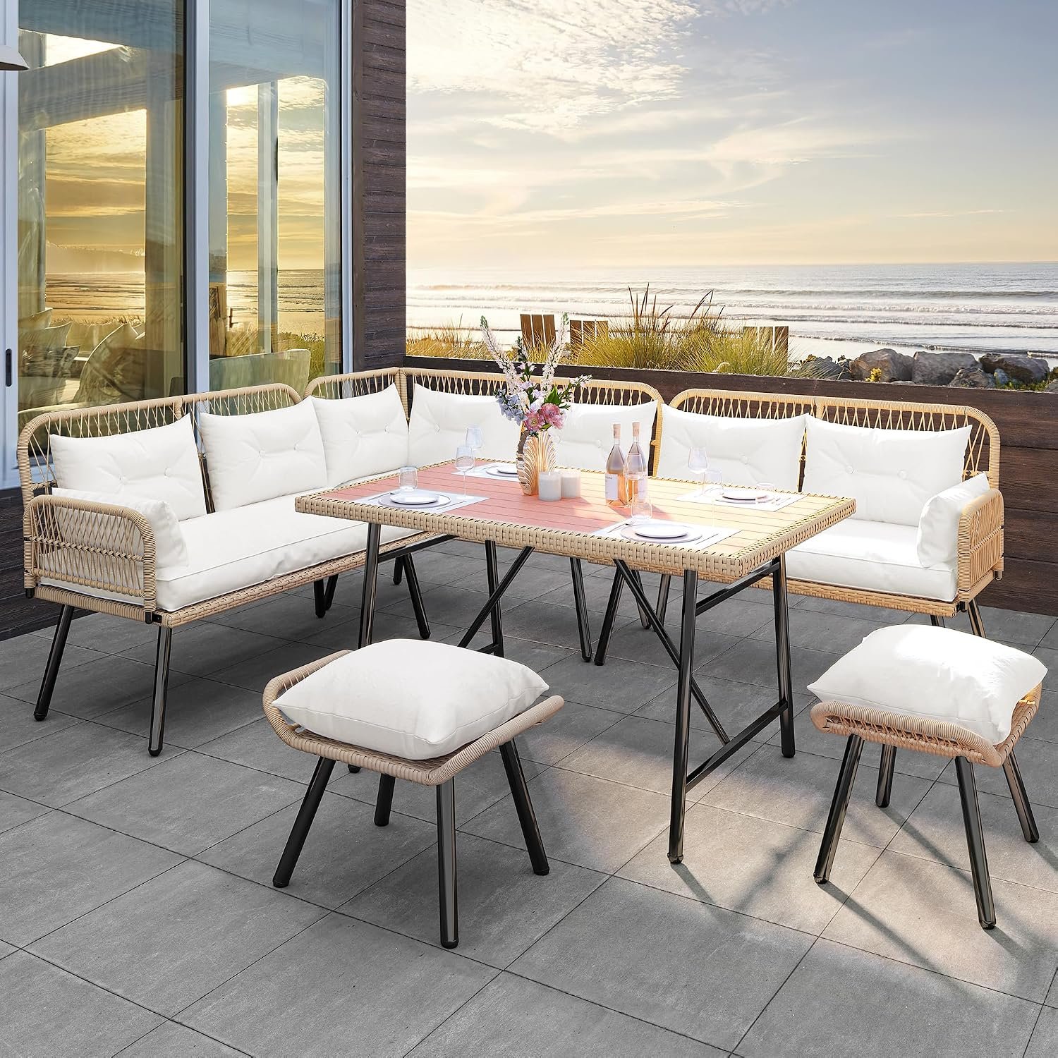 YITAHOME L-Shaped Rattan Patio Furniture Set Light Brown Beige | All-Weather Wicker Outdoor Sectional Sofa with Soft Cushions, Ottomans & Plastic Wood Table for Backyard, Deck & Poolside Use