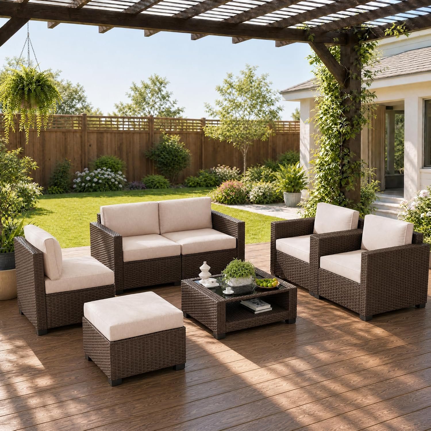LOUVIXA 7 Piece Outdoor Patio Furniture Set, Rattan Chairs Glass Table Wicker Conversation Seating Sectional Sofa with Cushions (Brown-Beige, 7Pcs-2 Layer Coffee Table)