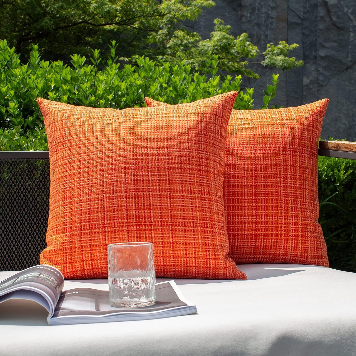Kevin Textile Pack of 2 Decorative Outdoor Waterproof Throw Pillow Covers Stripe Square Pillowcases Fall Decorative Modern Cushion Cases for Patio Couch Bench 18 x 18 Inch Orange