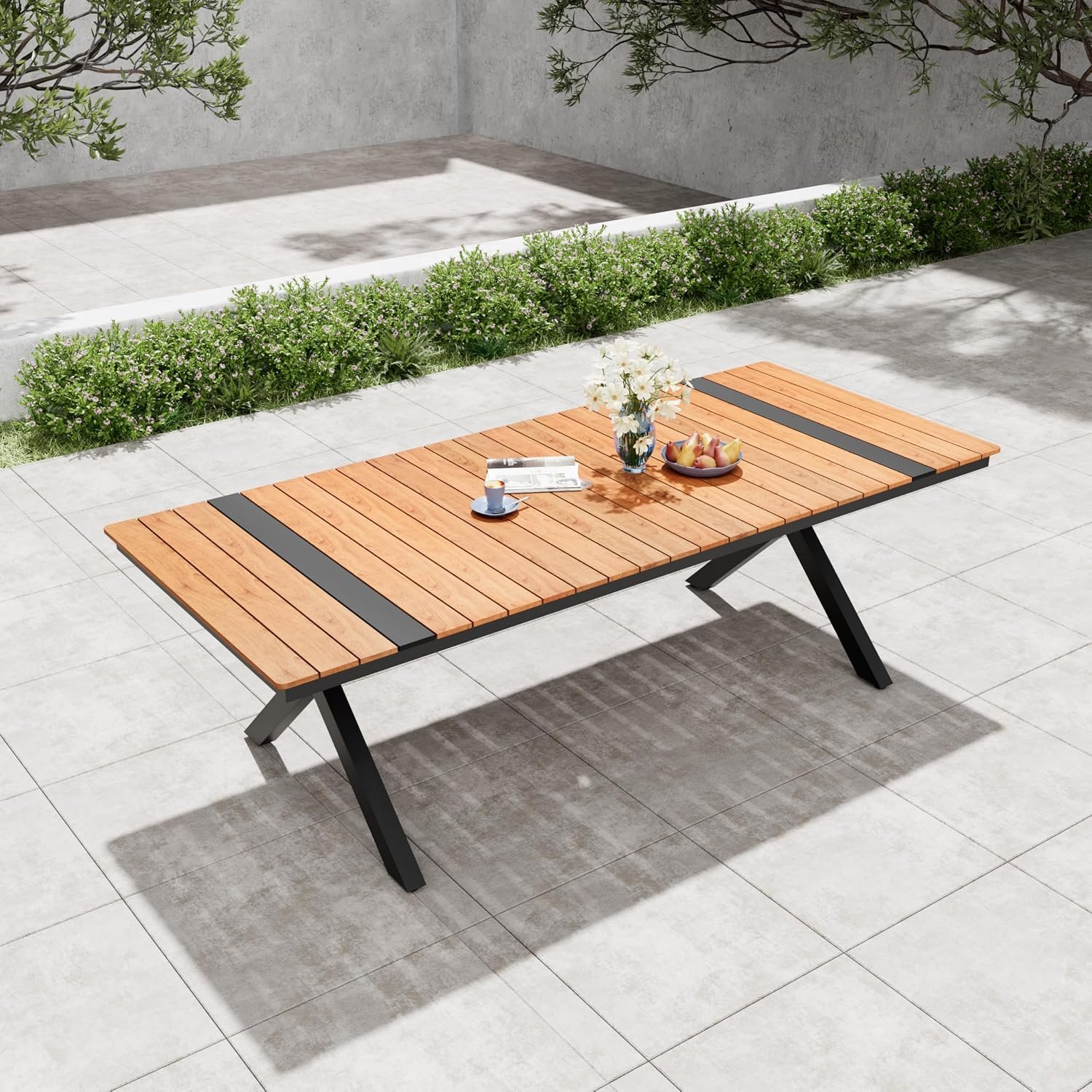 Pellebant 94″ Outdoor Patio Dining Table for 8-10 Person | Aluminum 8 ft Outdoor Dining Table with Teak Wood-Grain Tabletop & Umbrella Hole, Weather Resistant Sturdy Frame for Deck