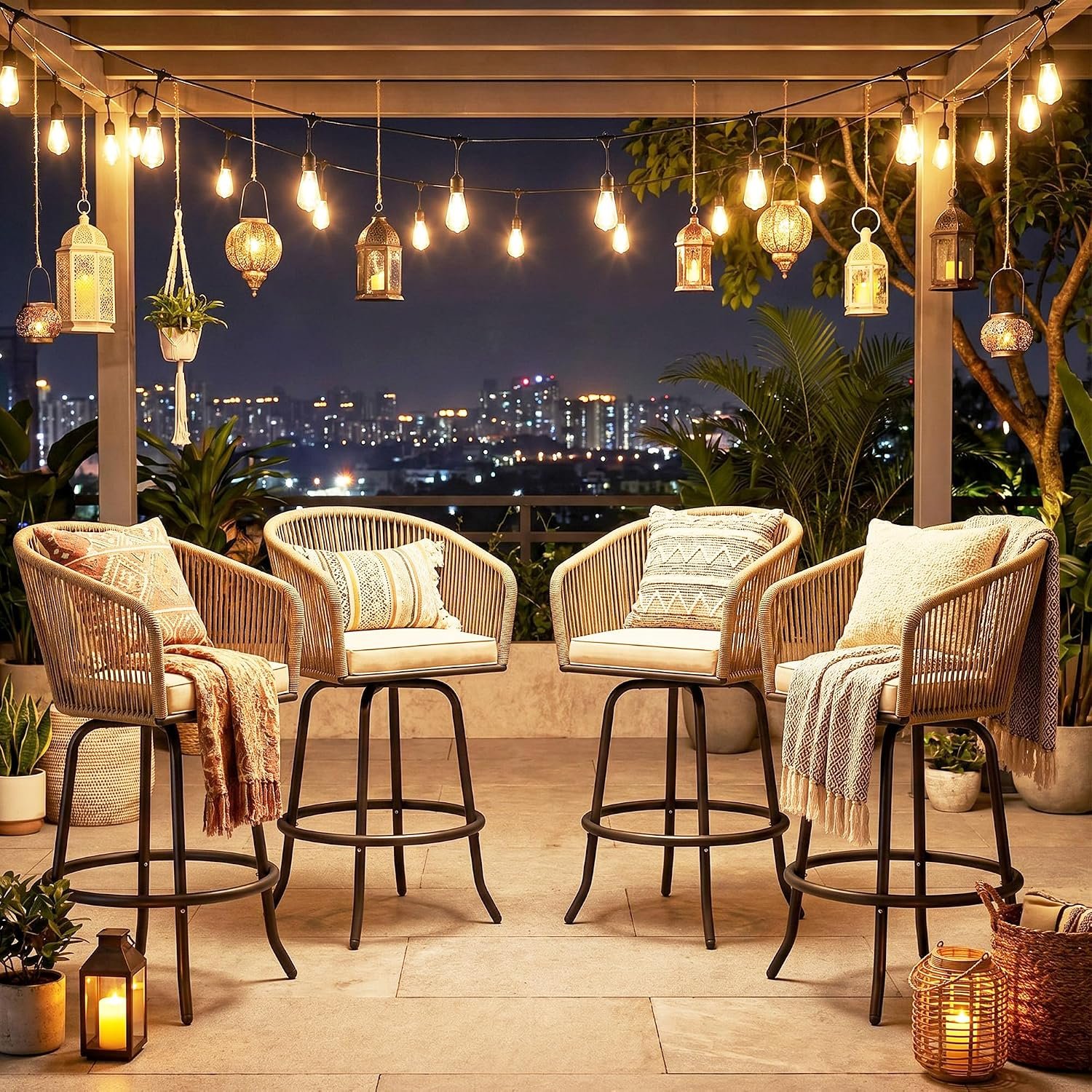 YITAHOME 27″ Bar Stools Set of 4 with Arms & Cushions | 360° Swivel Outdoor Bar Stools, All Weather Counter Height Bar Stools Set of 4 with Curved Back for Backyard, Kitchen Island