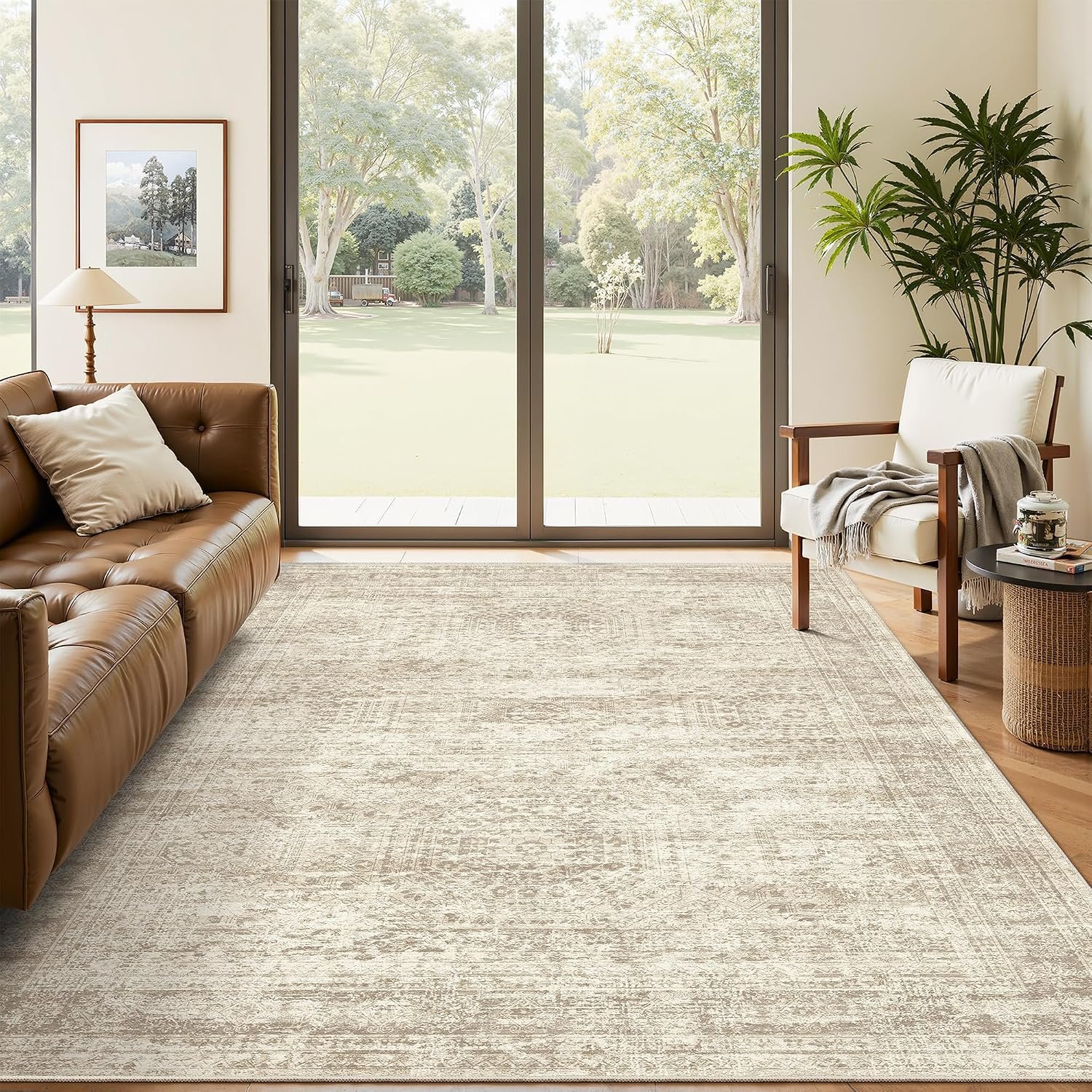 Soalmost 5×7 Area Rugs Beige Low Pile Washable Trendy Faded Style Rug | Vintage Non-Slip Indoor Accent for Bedroom Dining, Foldable Stain Resistant Floor Carpet Mat Under Table Home Office Decor