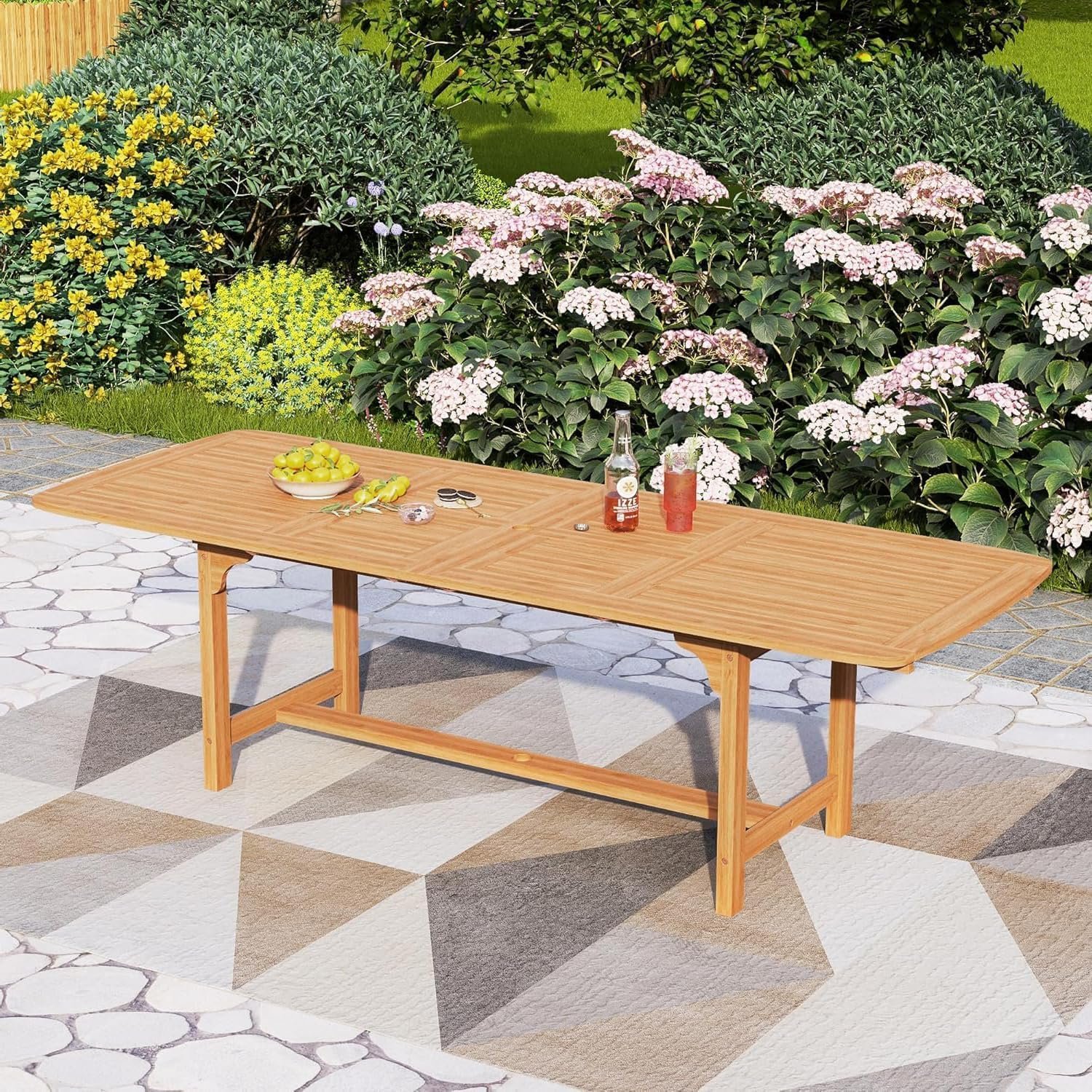 PHI VILLA Teak Outdoor Table, Expandable Wood Table w/Umbrella Hole | Large rectangle acacia wood table for 6-8. Perfect for patio, deck, porch, backyard