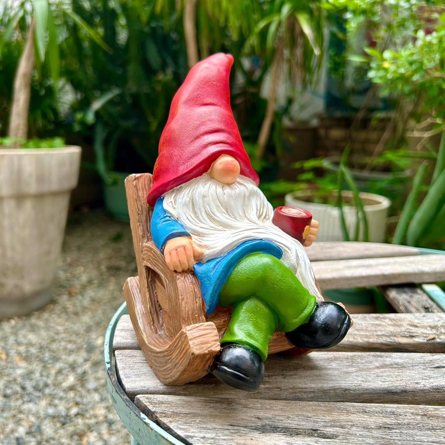 Drinking Coffee Faceless Garden Gnome Statue Decoration 7.1″ Figurine Ornament for Indoor Outdoor Home Patio Yard Lawn