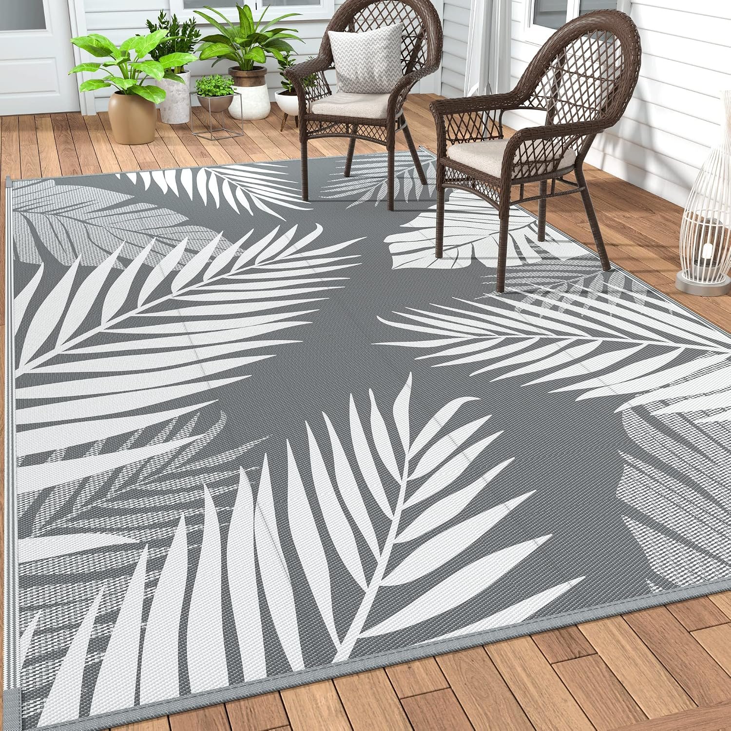 GENIMO Outdoor Rug, Waterproof Plastic Rugs for Patio, 5’x8′ Grey White | Outside Larger Leaf Carpet Mat for Porch Decor, Deck, Balcony, Camping, RV, Backyard, Picnic, Beach, Reversible, Foldable