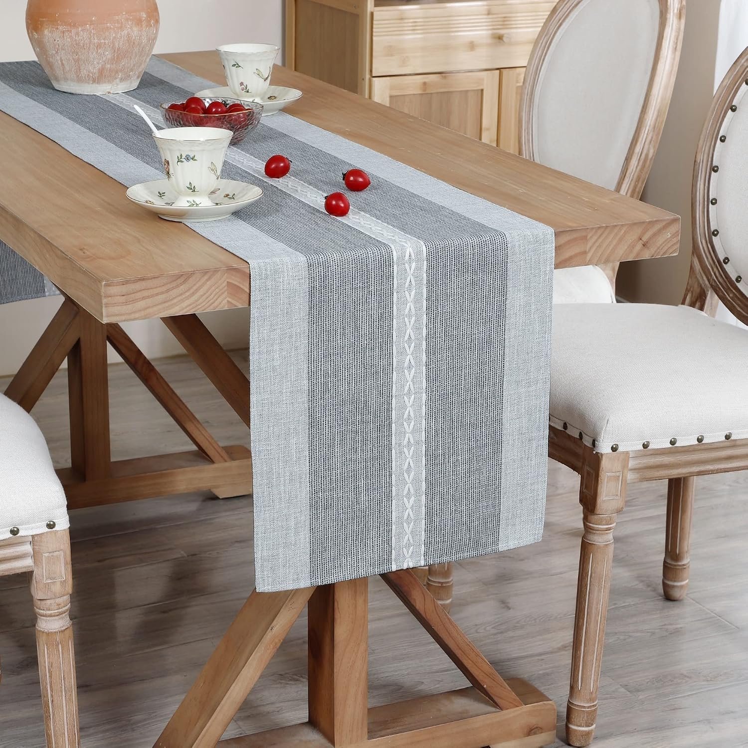 NEWISHER Farmhouse Braided Striped Embroidery Small Table Runner 36 inches | 13x36inch Table Runner, Rustic Grey Coffee Table Runners, Runners for Dresser Bedroom Weddings Holiday Living Room