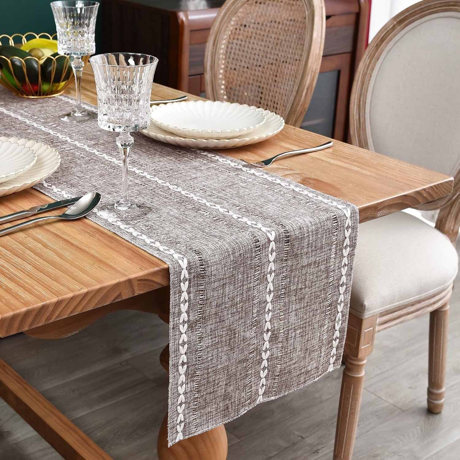 NEWISHER Farmhouse Rustic Braided Stripe Table Runner 60 inches | Embroidered Table Runners 13x60inch, Coffee Table Runners, Runner for Kitchen Living Room Dining Holiday and Party