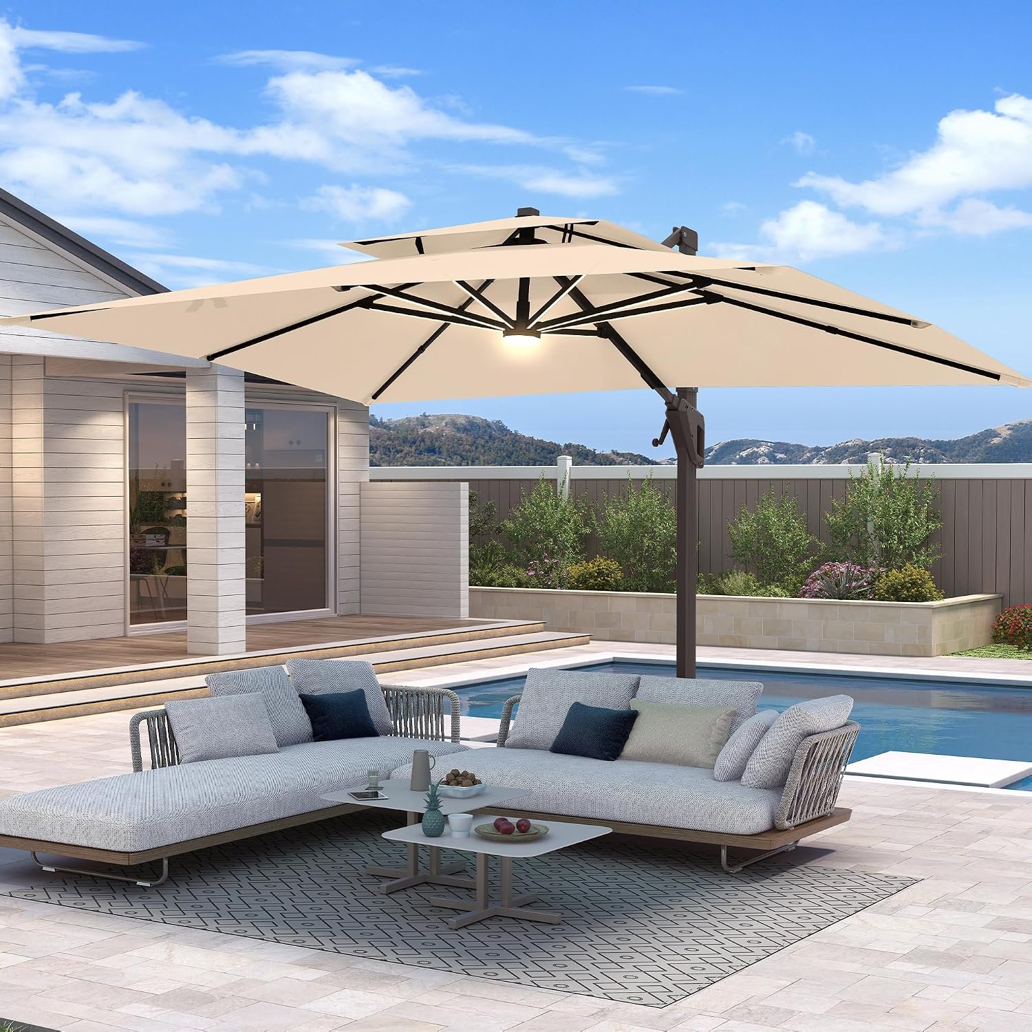 10 X 13 FT Cantilever Patio Umbrella with Base Included & Led Lights Outdoor Rectangle Offset Large Double Top Heavy Duty Umbrellas 360°Rotation for Pool Deck Backyard,Beige