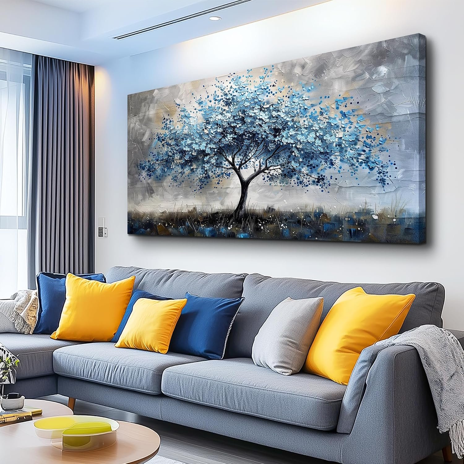 MHARTK66 Canvas Wall Art For Living Room Farmhouse Wall Decor For Bedroom Office Decorations Gray Wall Paintings Blue Tree Landscape Pictures Artwork Ready to Hang for Home Decor art 40″X20″