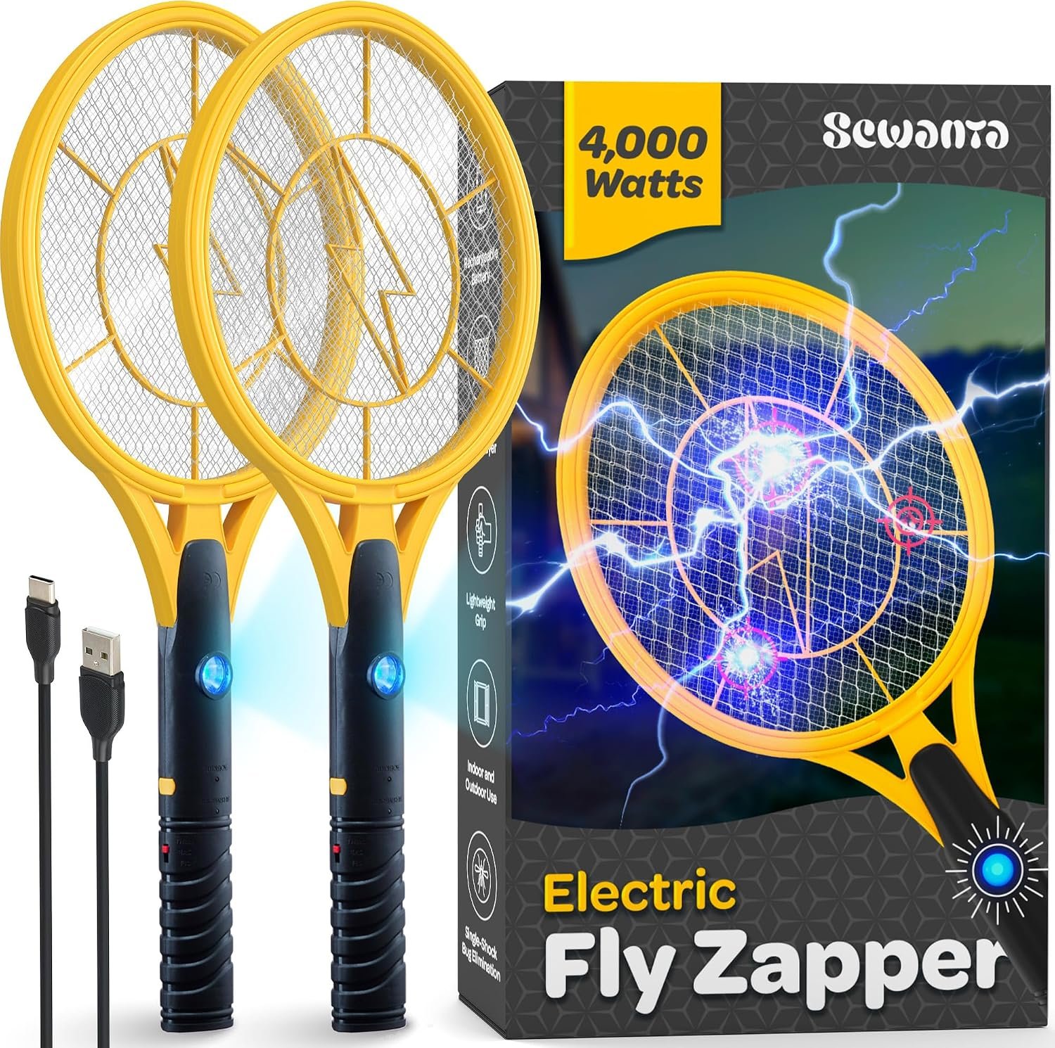 Electric Fly Swatter [Set of 2] Handheld Bug Zapper Racket for Indoor/Outdoor – 4000 Volt Swatter – Instant Bug & Mosquito Killer with Attractant LED Light – USB Rechargeable Portable Fly Zapper.