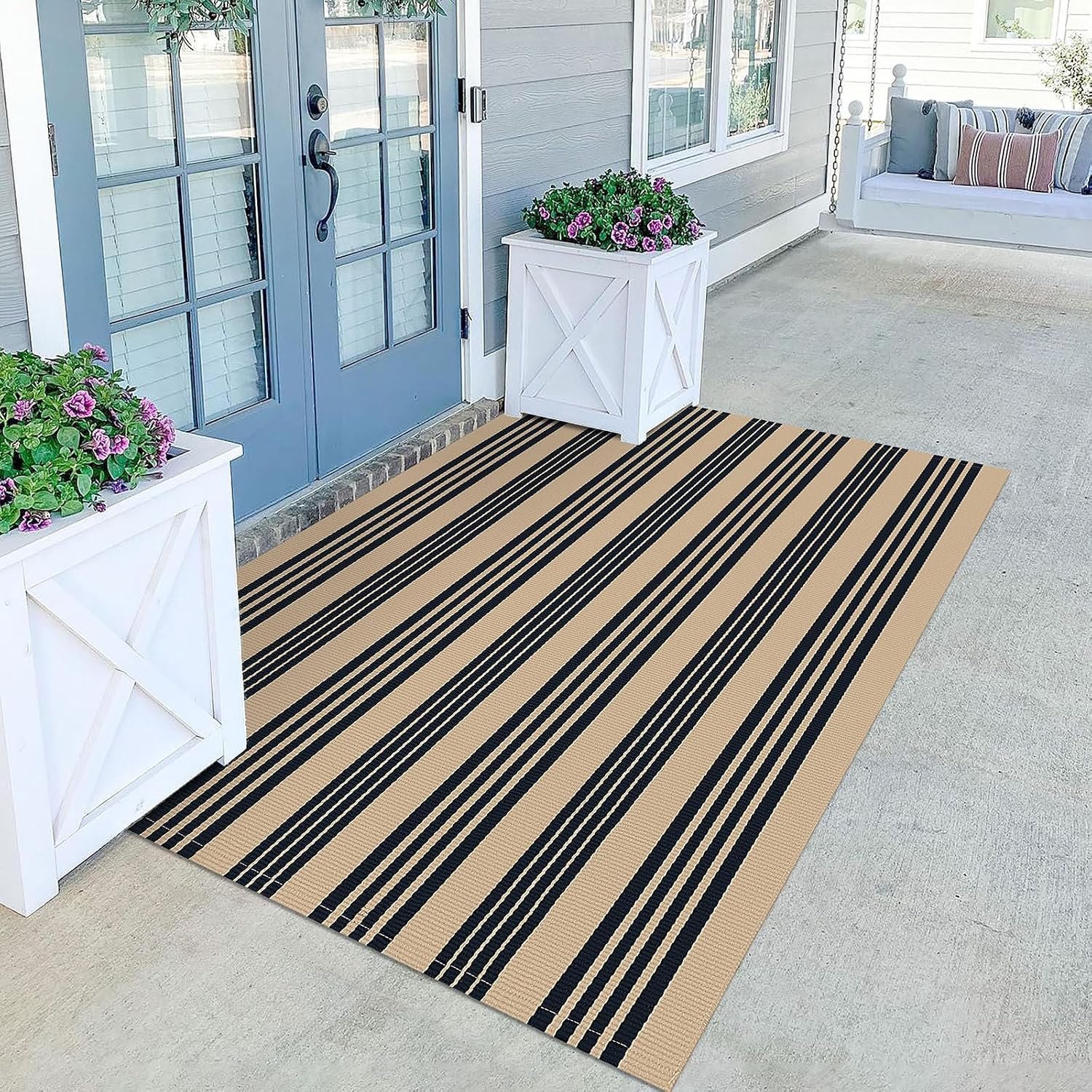 KILOCOCO Striped Rug 4×6 ft Washable Front Door Outdoor Rug, Brown Black | Cotton Front Porch Rug, Woven Living Room Rug, Low Pile Welcome Mat for Entryway, Layered Farmhouse Kitchen Patio Carpet