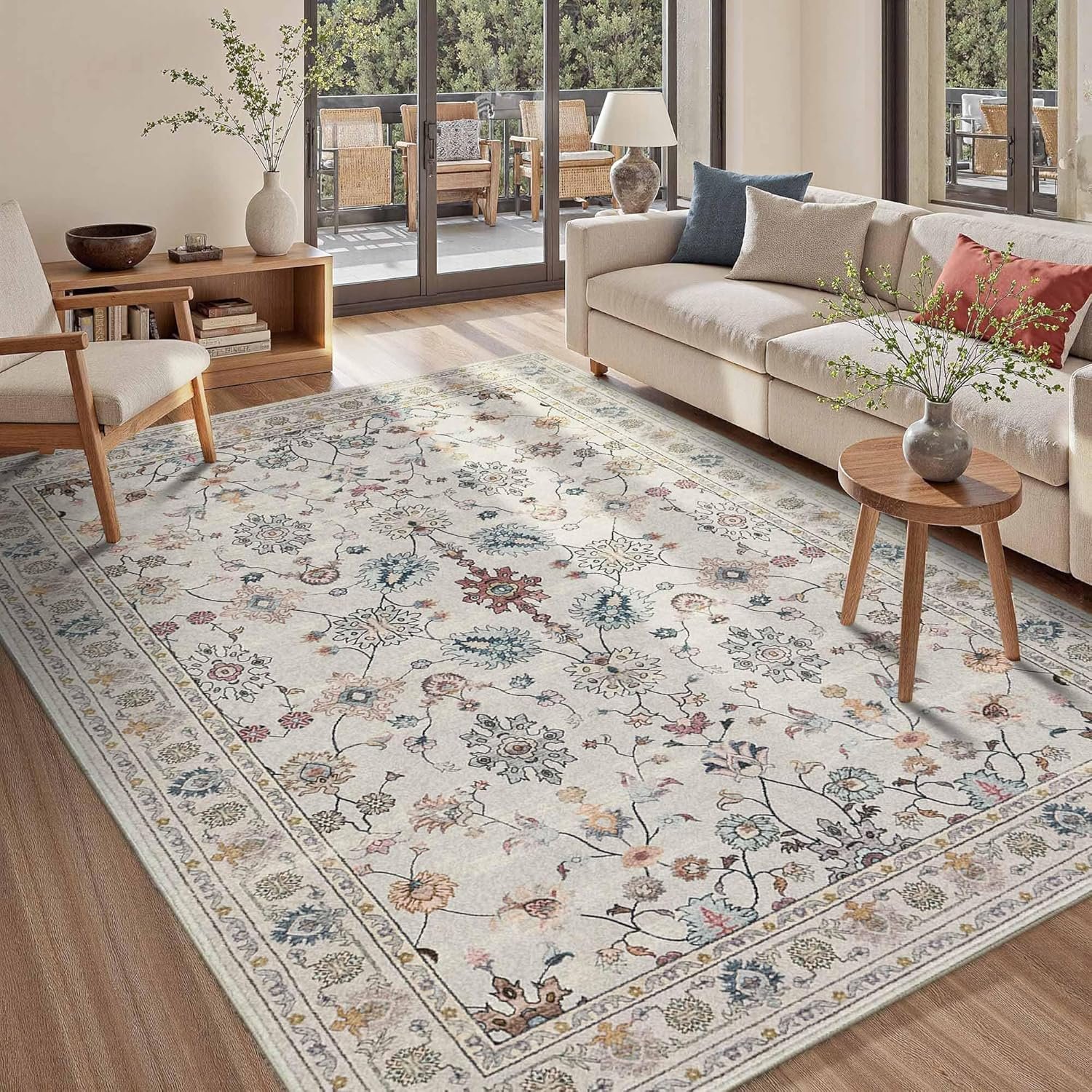 Rugxara 5×7 Area Rugs for Bedroom & Living Room – Washable Floral Boho Vintage Rug,Soft & Non-Slip,Low Pile Wool Carpet for Indoor Dining Room,Girls Room,Nursery Room and Kids Room(Grey)