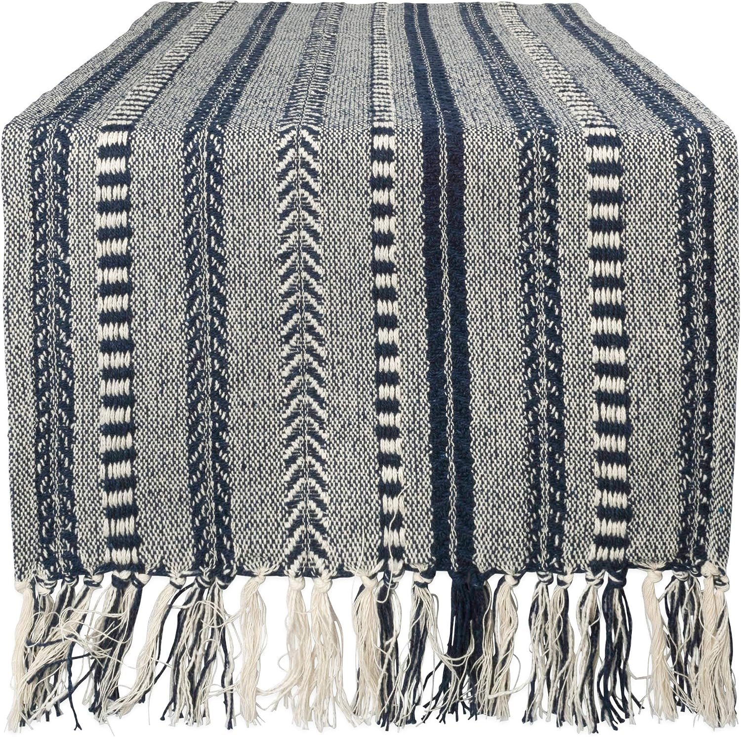 DII Farmhouse Braided Stripe Table Runner Collection, 15×72 (15×77, Fringe Included), Navy Blue